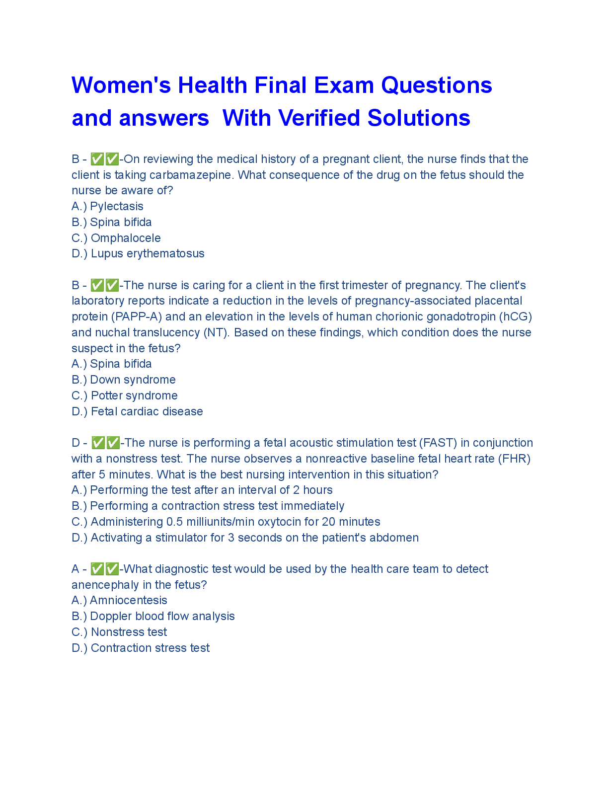 Preview image for Women's Health Final Exam Questions  and answers With Verified Solutions