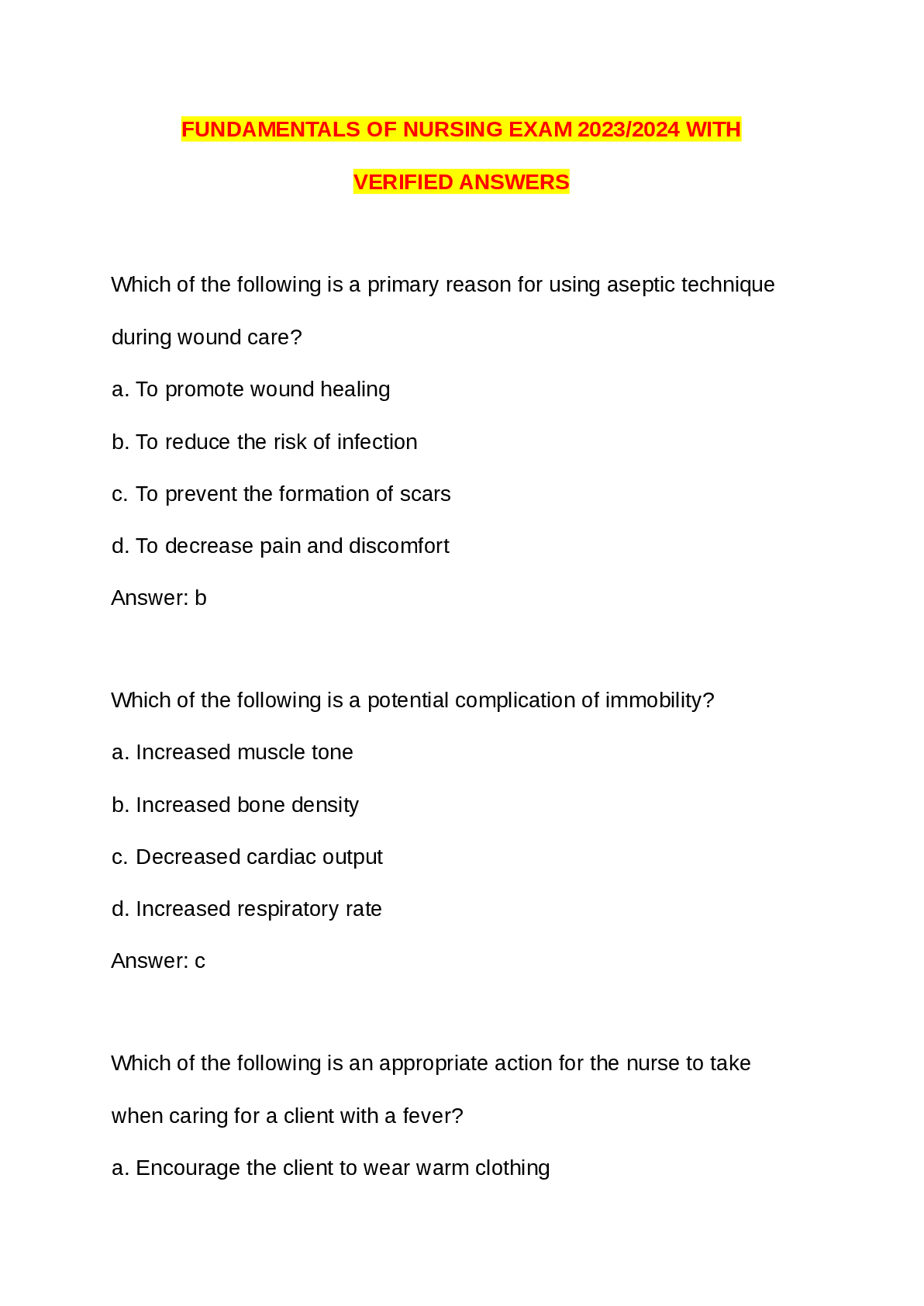 Preview image for FUNDAMENTALS OF NURSING EXAM 2023/2024 WITH  VERIFIED ANSWERS