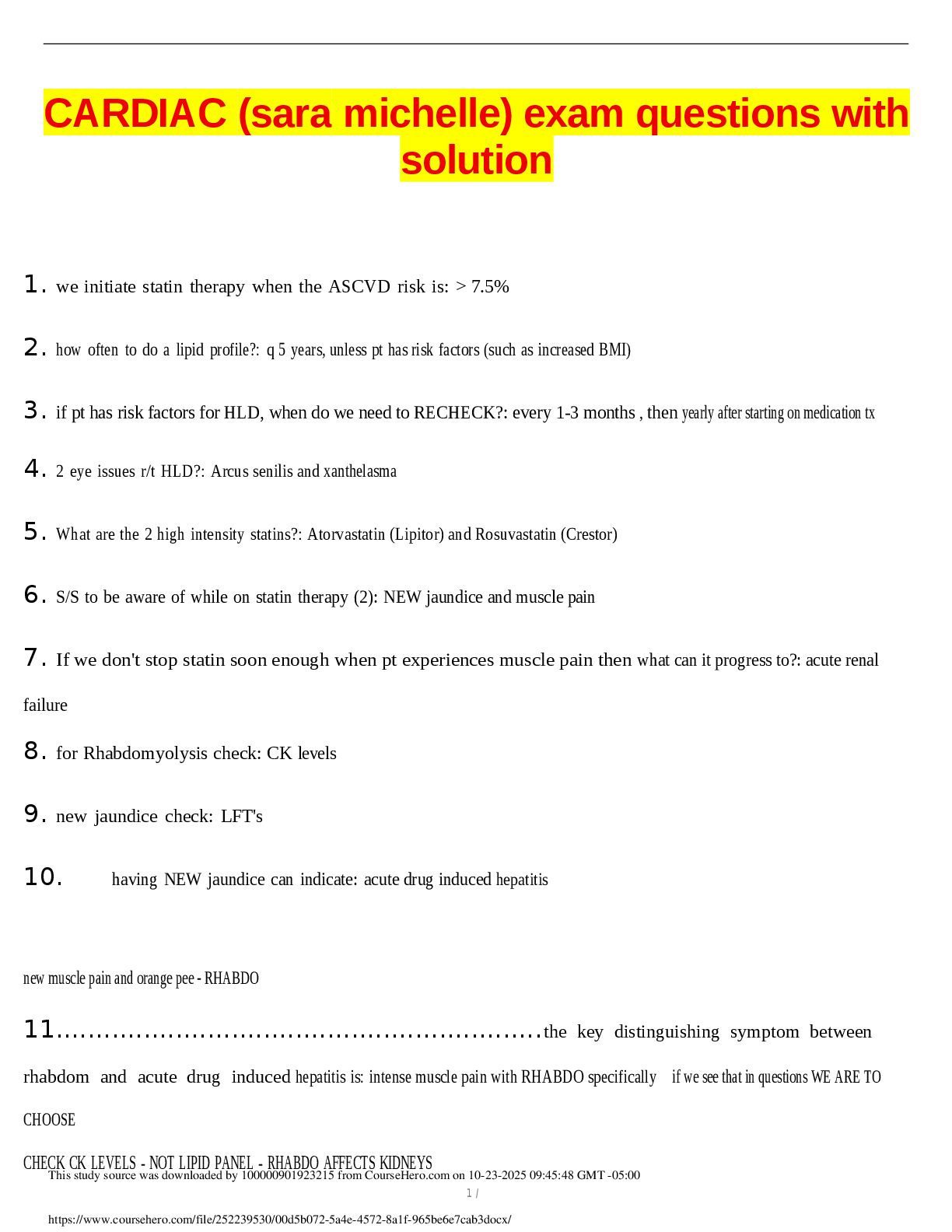 Preview of CARDIAC  (sara  michelle) exam questions with  solution