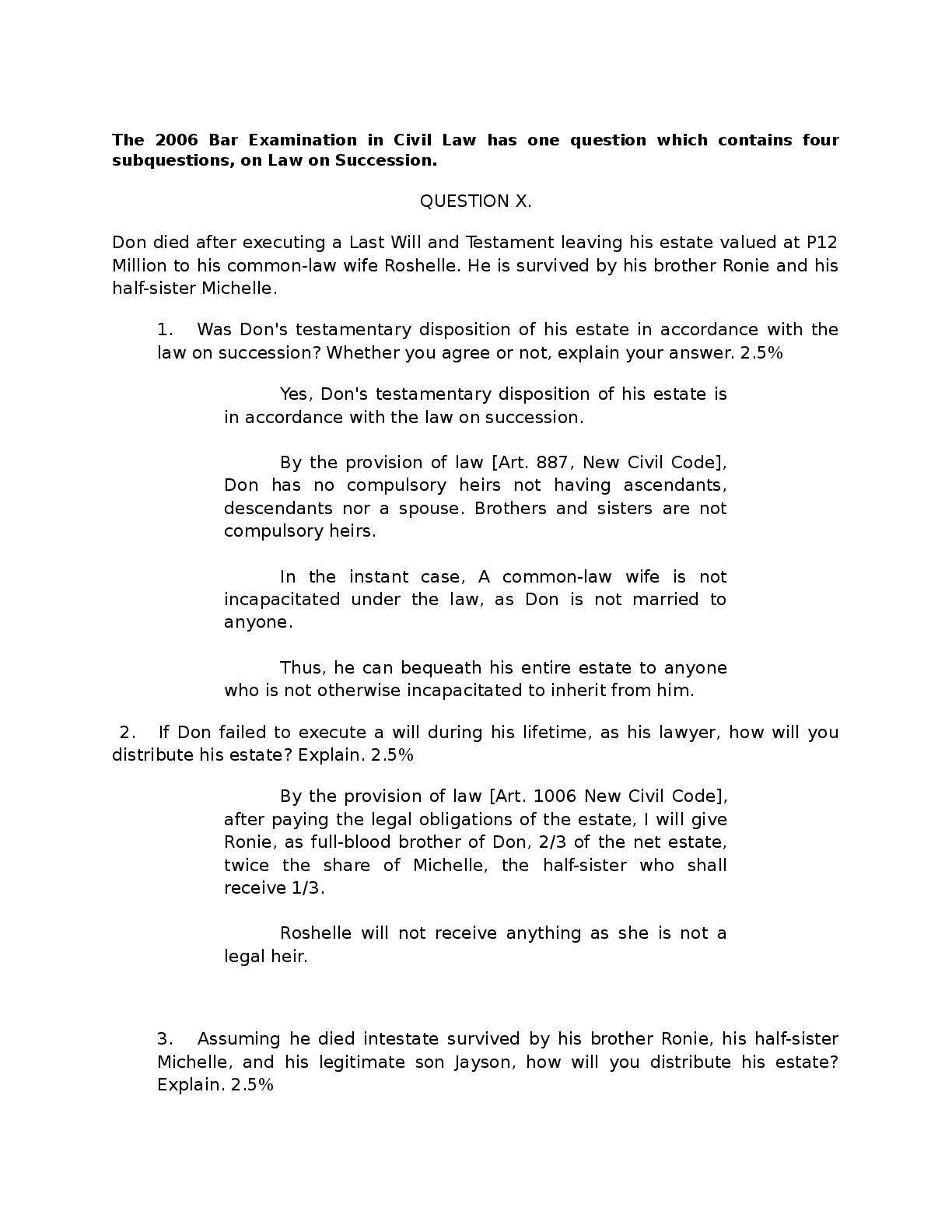 Preview image for The 2006 Bar Examination in Civil Law has one question which contains four  subquestions, on Law on Succession.