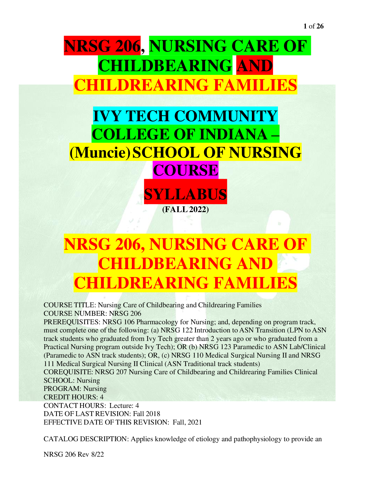 Preview of NRSG 206, NURSING CARE OF  CHILDBEARING AND  CHILDREARING FAMILIES