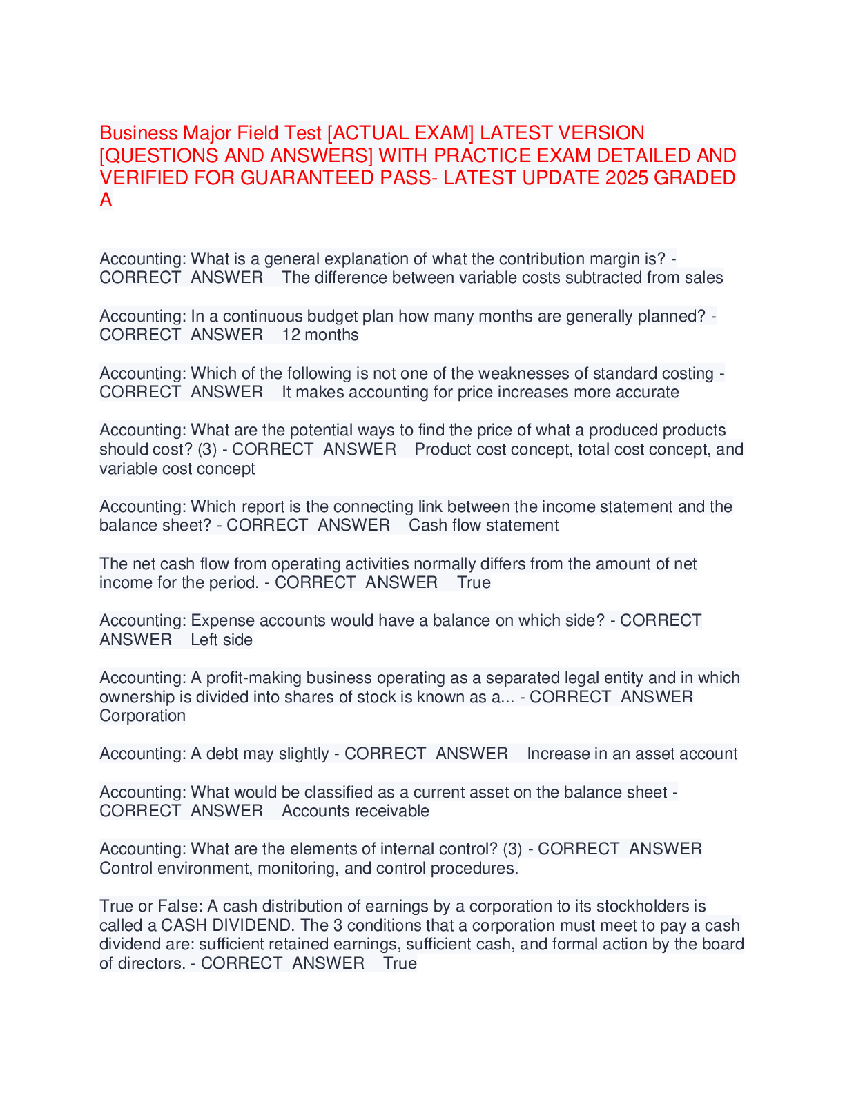 Preview image for Business Major Field Test [ACTUAL EXAM] LATEST VERSION  [QUESTIONS AND ANSWERS] WITH PRACTICE EXAM DETAILED AND  VERIFIED FOR GUARANTEED PASS- LATEST UPDATE 2025 GRADED  A