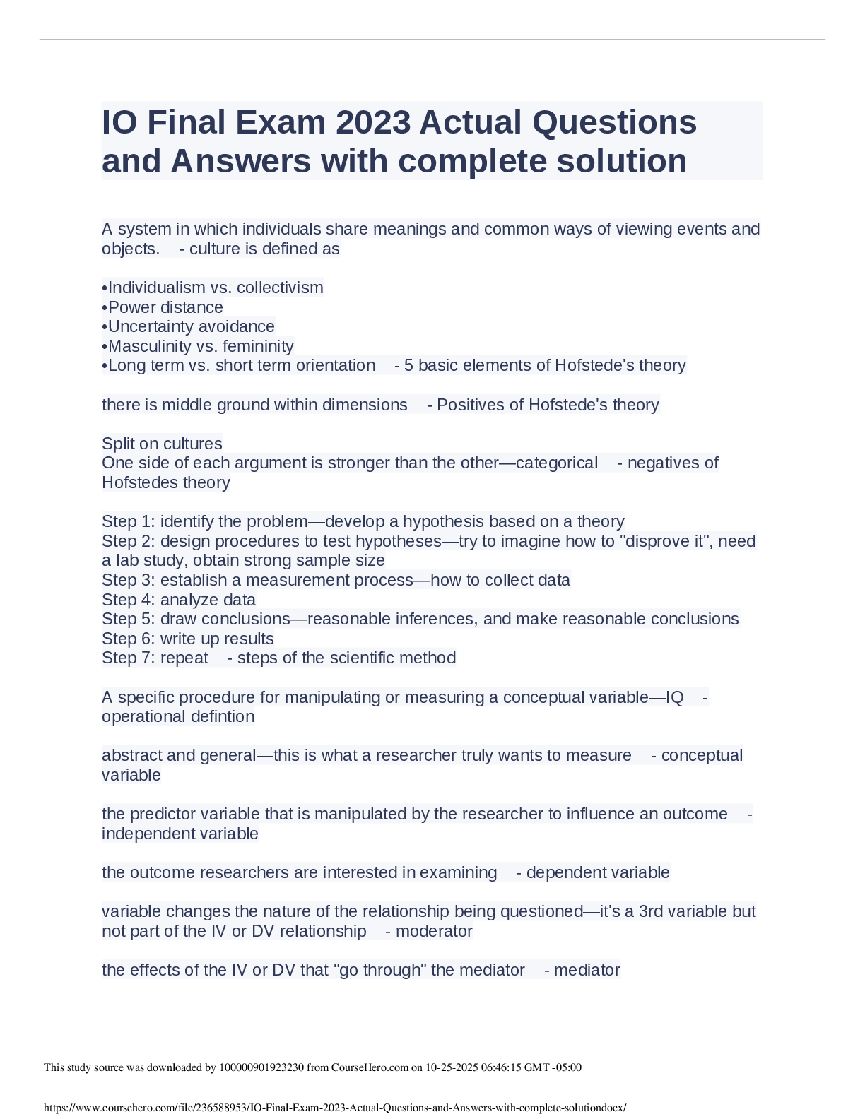 Preview image for IO Final Exam 2023 Actual Questions  and Answers with complete solution