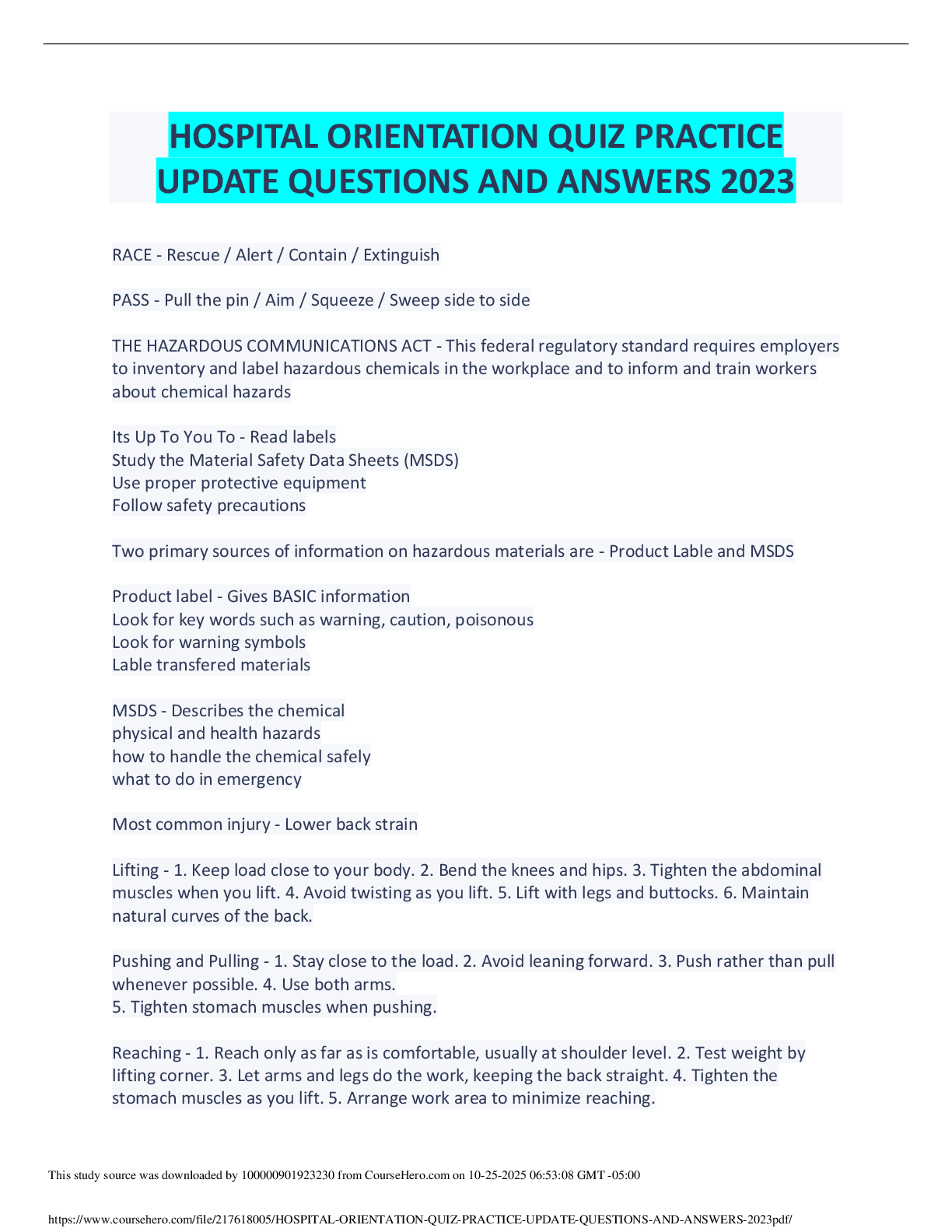 Preview of HOSPITAL ORIENTATION QUIZ PRACTICE  UPDATE QUESTIONS AND ANSWERS 2023