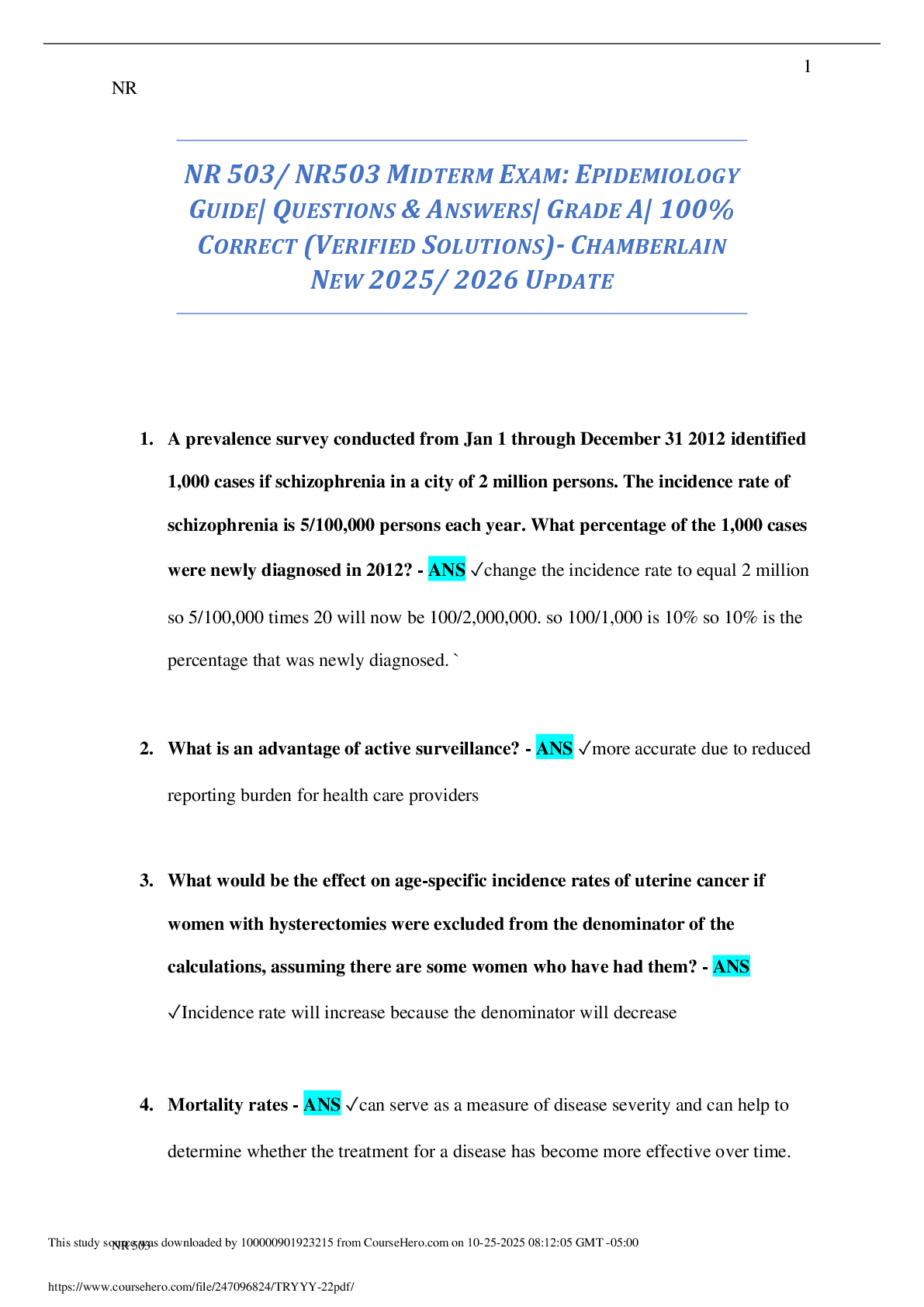 Preview of NR 503/ NR503 MIDTERM EXAM: EPIDEMIOLOGY  GUIDE| QUESTIONS &amp; ANSWERS| GRADE A| 100%  CORRECT (VERIFIED SOLUTIONS)- CHAMBERLAIN  NEW 2025/ 2026 UPDATE