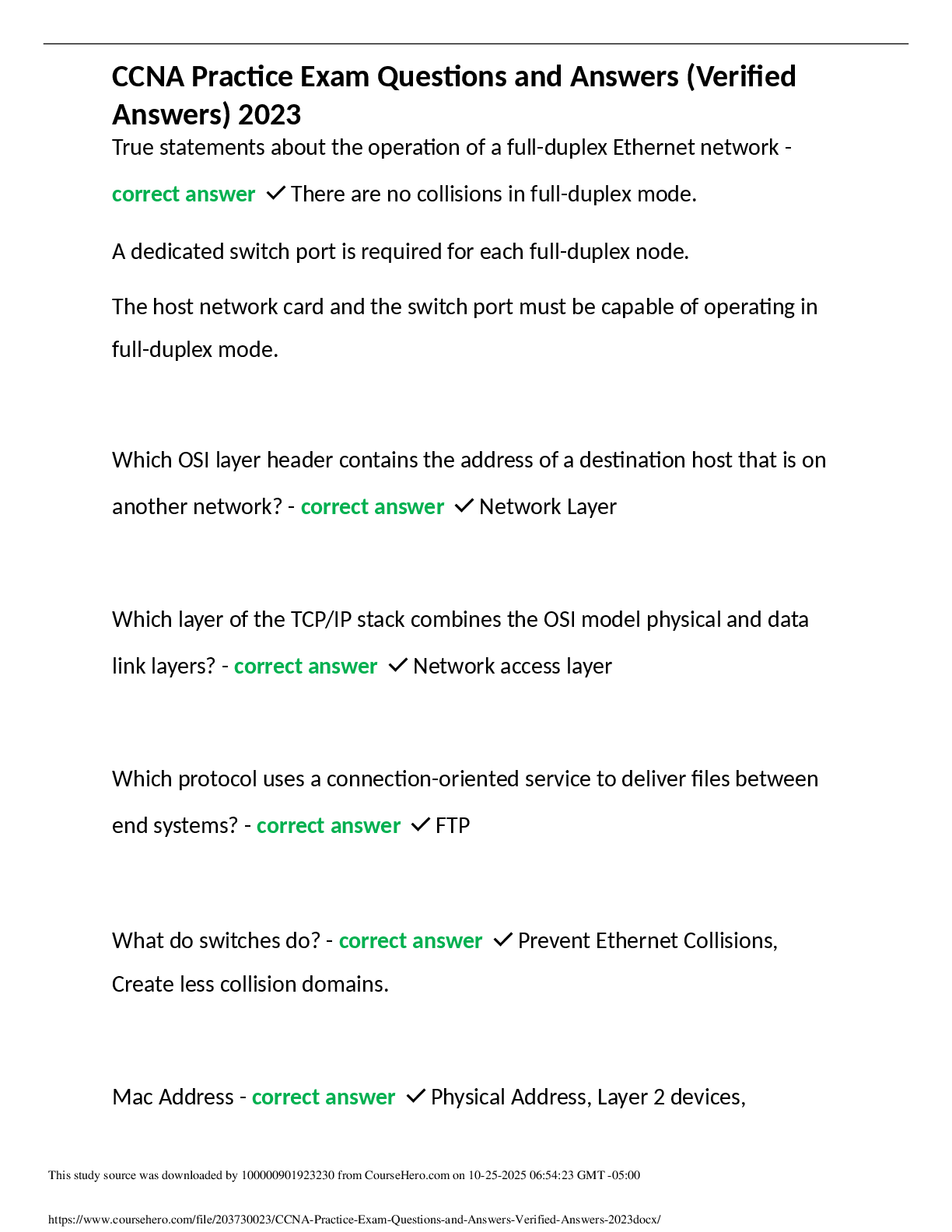 Preview of CCNA Practice Exam Questions and Answers (Verified  Answers) 2023
