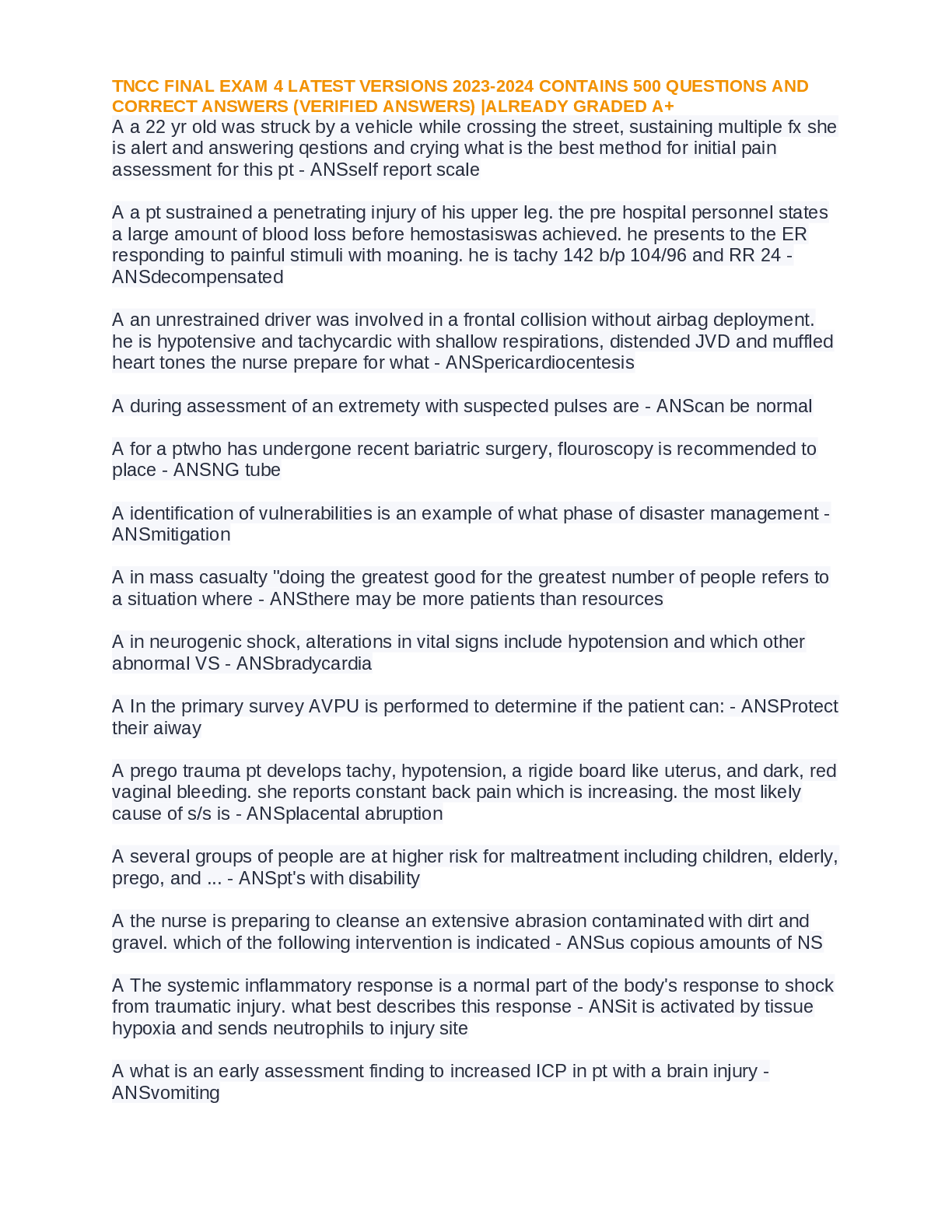 Preview image for TNCC FINAL EXAM 4 LATEST VERSIONS 2023-2024 CONTAINS 500 QUESTIONS AND  CORRECT ANSWERS (VERIFIED ANSWERS) |ALREADY GRADED A+