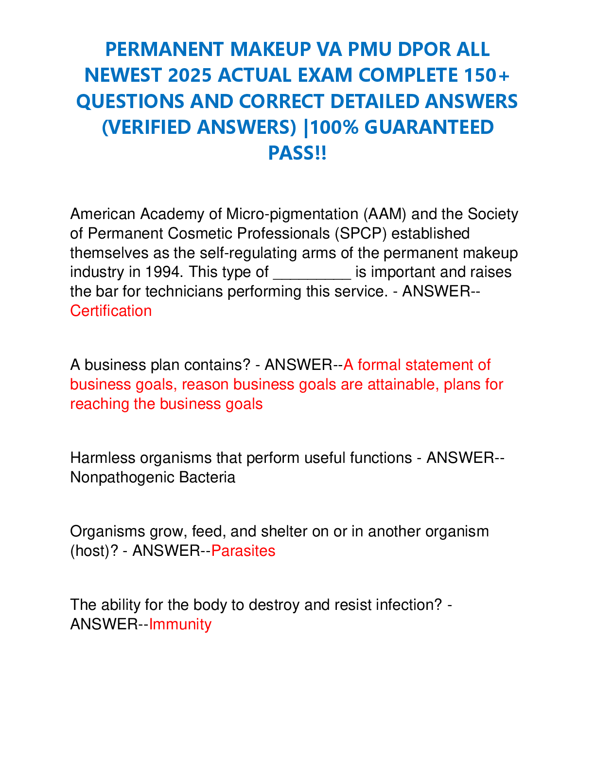 Preview image for PERMANENT MAKEUP VA PMU DPOR ALL  NEWEST 2025 ACTUAL EXAM COMPLETE 150+  QUESTIONS AND CORRECT DETAILED ANSWERS  (VERIFIED ANSWERS) |100% GUARANTEED  PASS!!