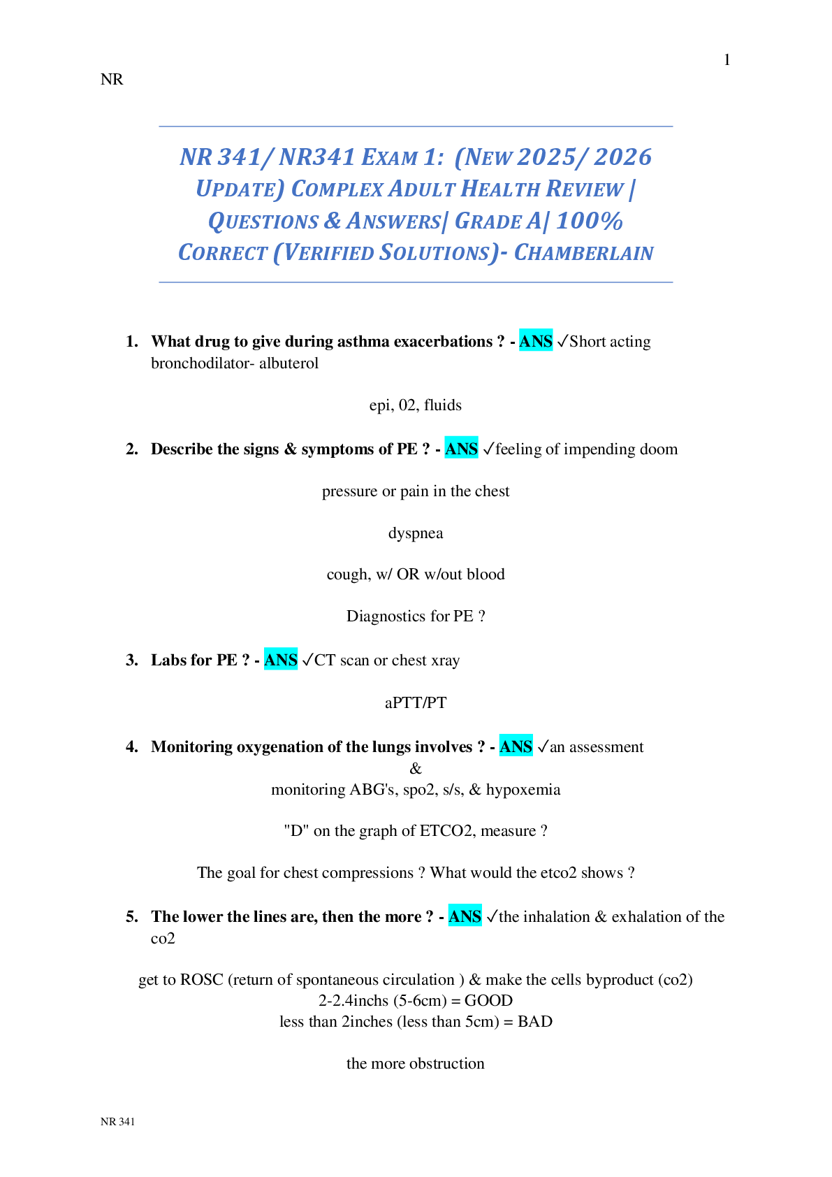 Preview of NR 341/ NR341 EXAM 1:  (NEW 2025/ 2026  UPDATE) COMPLEX ADULT HEALTH REVIEW |  QUESTIONS &
