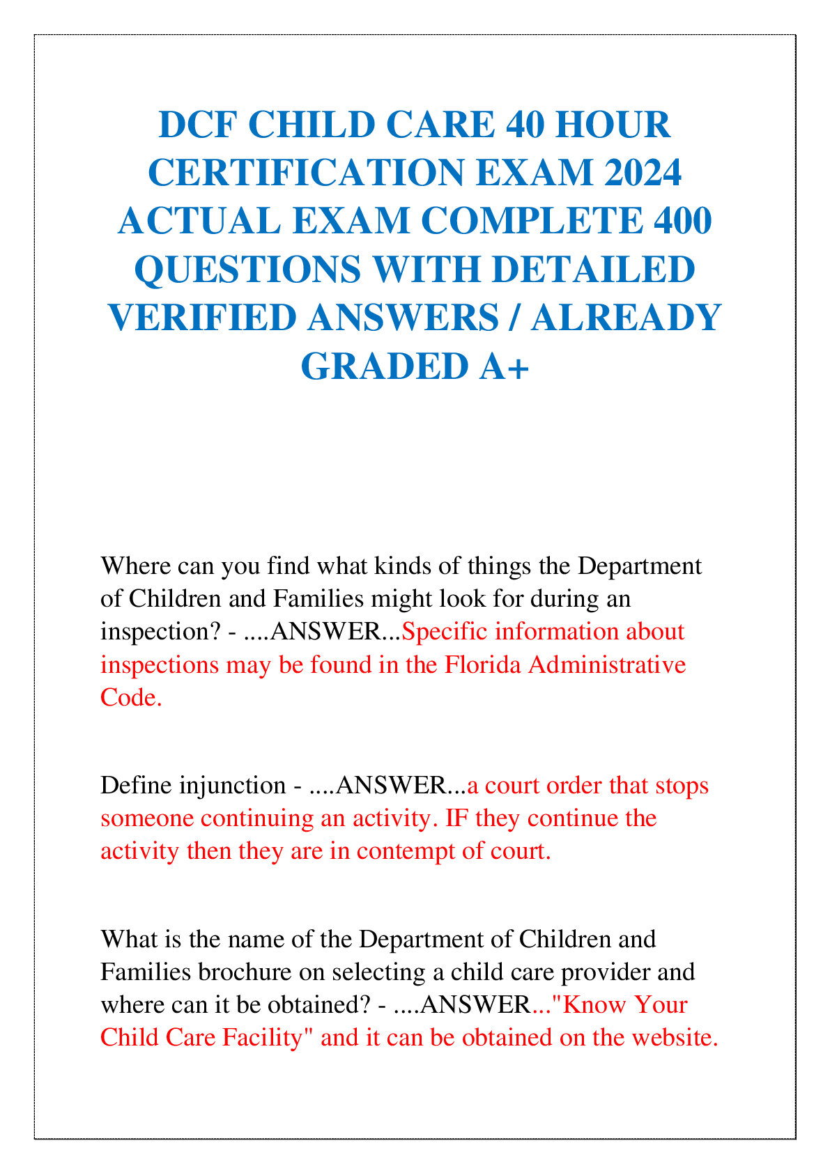 Preview image for DCF CHILD CARE 40 HOUR  CERTIFICATION EXAM 2024  ACTUAL EXAM COMPLETE 400  QUESTIONS WITH DETAILED  VERIFIED ANSWERS / ALREADY  GRADED A+
