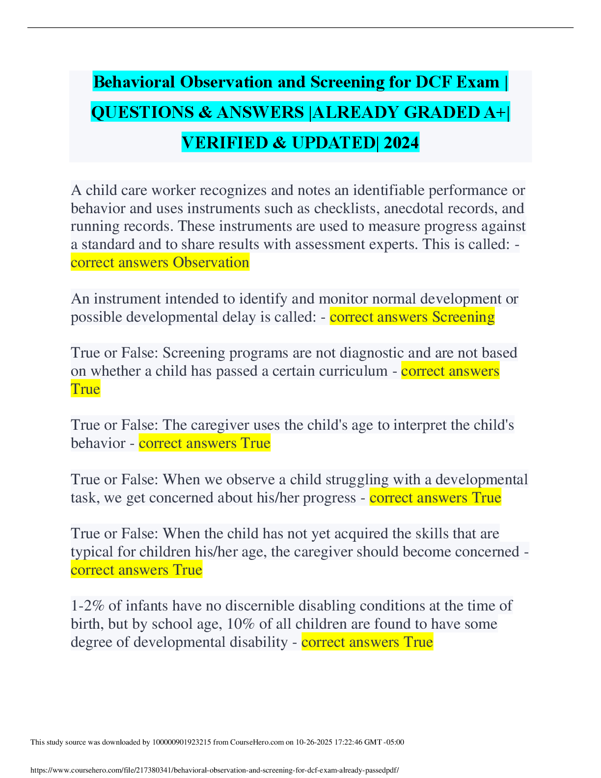 Preview image for Behavioral Observation and Screening for DCF Exam |  QUESTIONS & ANSWERS |ALREADY GRADED A+|  VERIFIED & UPDATED| 2024