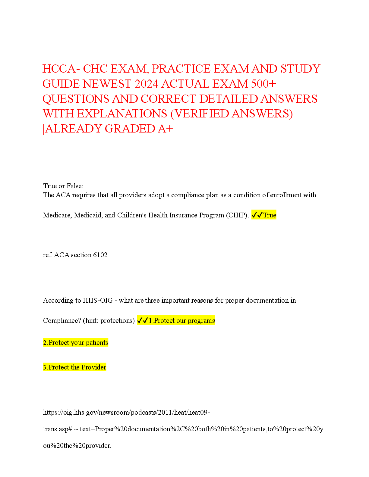 Preview image for HCCA- CHC EXAM, PRACTICE EXAM AND STUDY  GUIDE NEWEST 2024 ACTUAL EXAM 500+  QUESTIONS AND CORRECT DETAILED ANSWERS  WITH EXPLANATIONS (VERIFIED ANSWERS)  |ALREADY GRADED A+