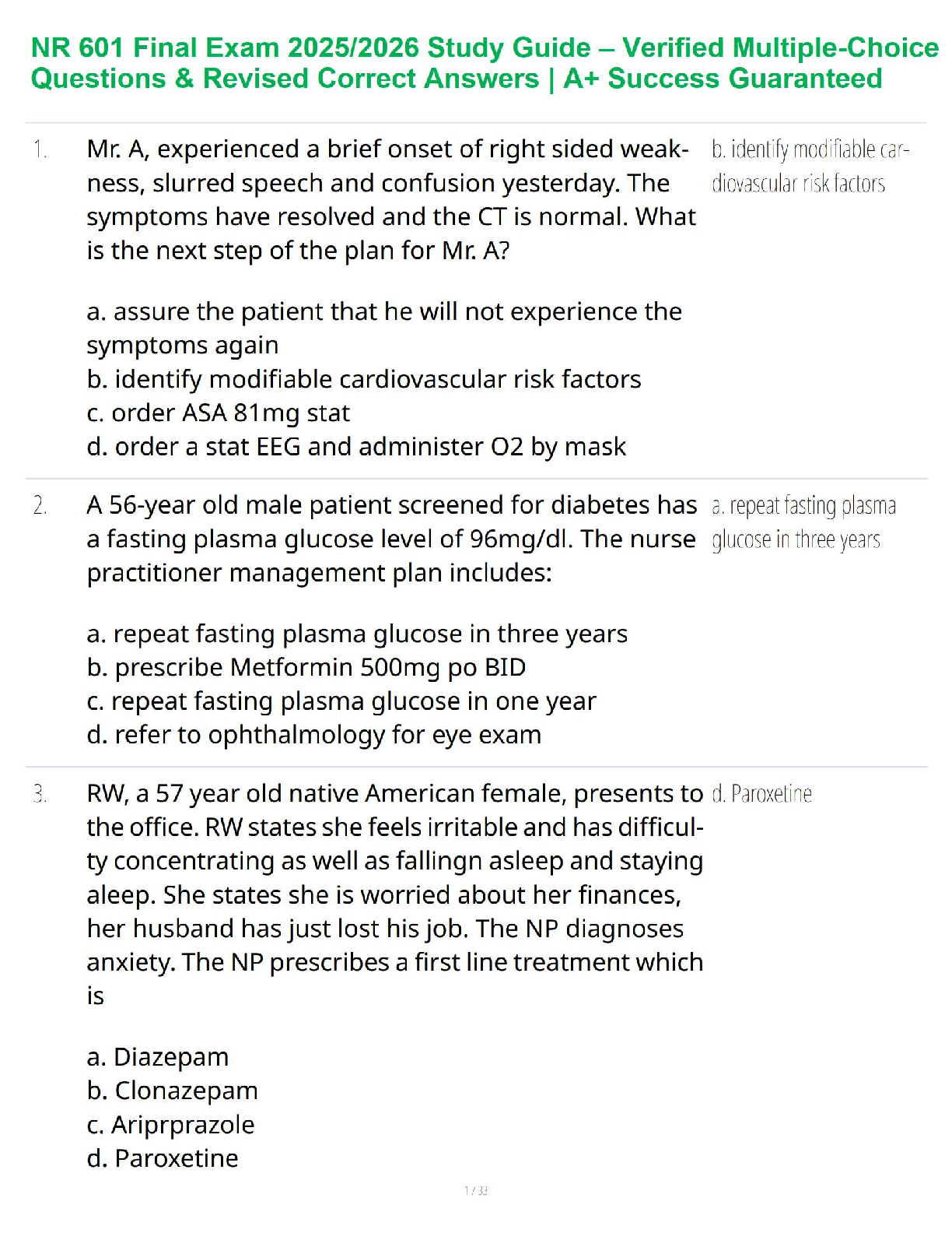 Preview image for NR 601 Final Review Guide 2025–2026 – Advanced Primary Care Concepts and Learning Support