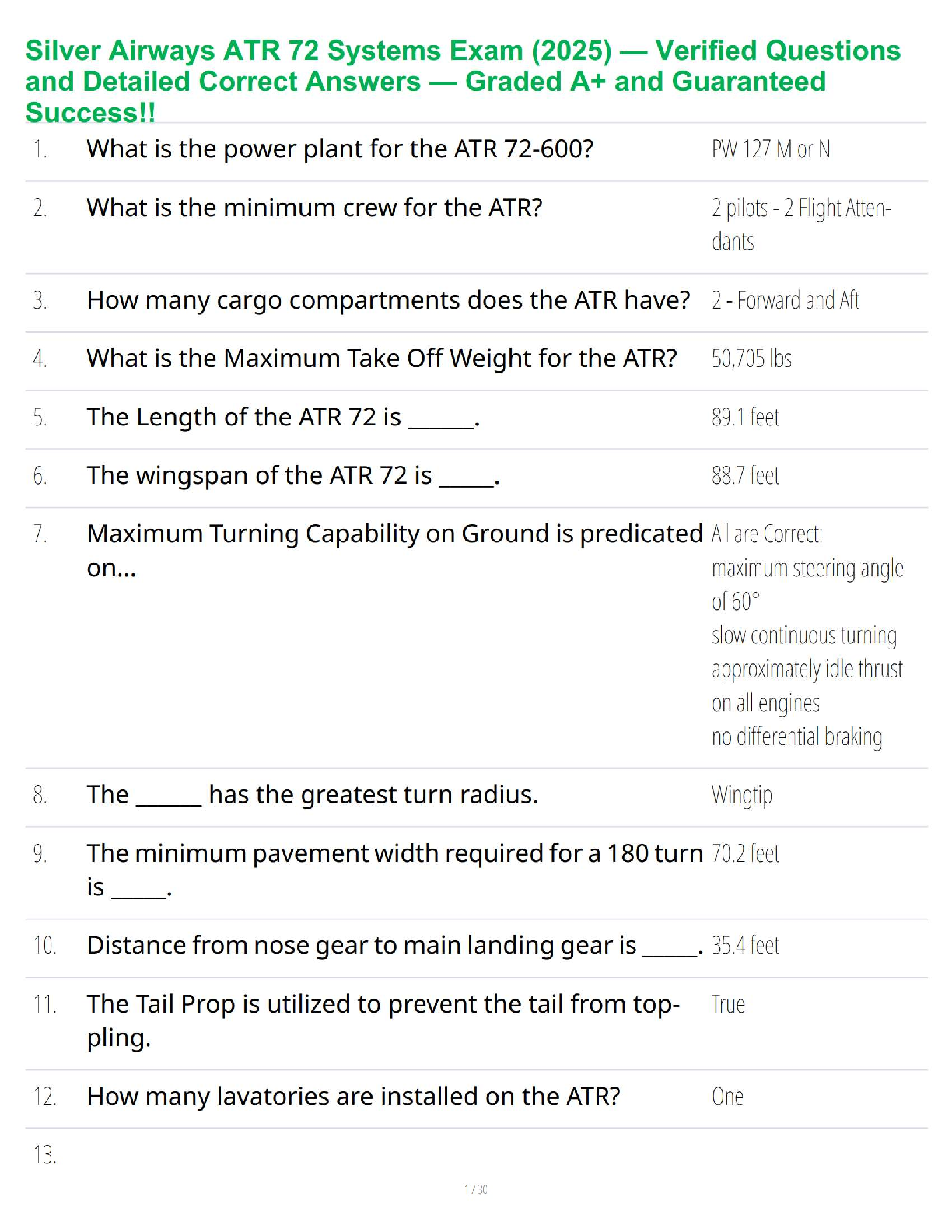 Silver Airways ATR 72 Systems Exam (2025) — Verified Questions and Detailed Correct Answers — Graded A+ and Guaranteed Success!!