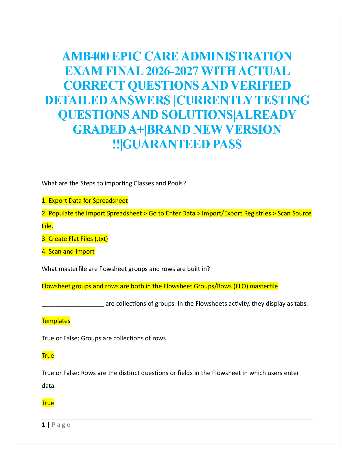 Preview image for AMB400 EPIC CARE ADMINISTRATION    EXAM FINAL  