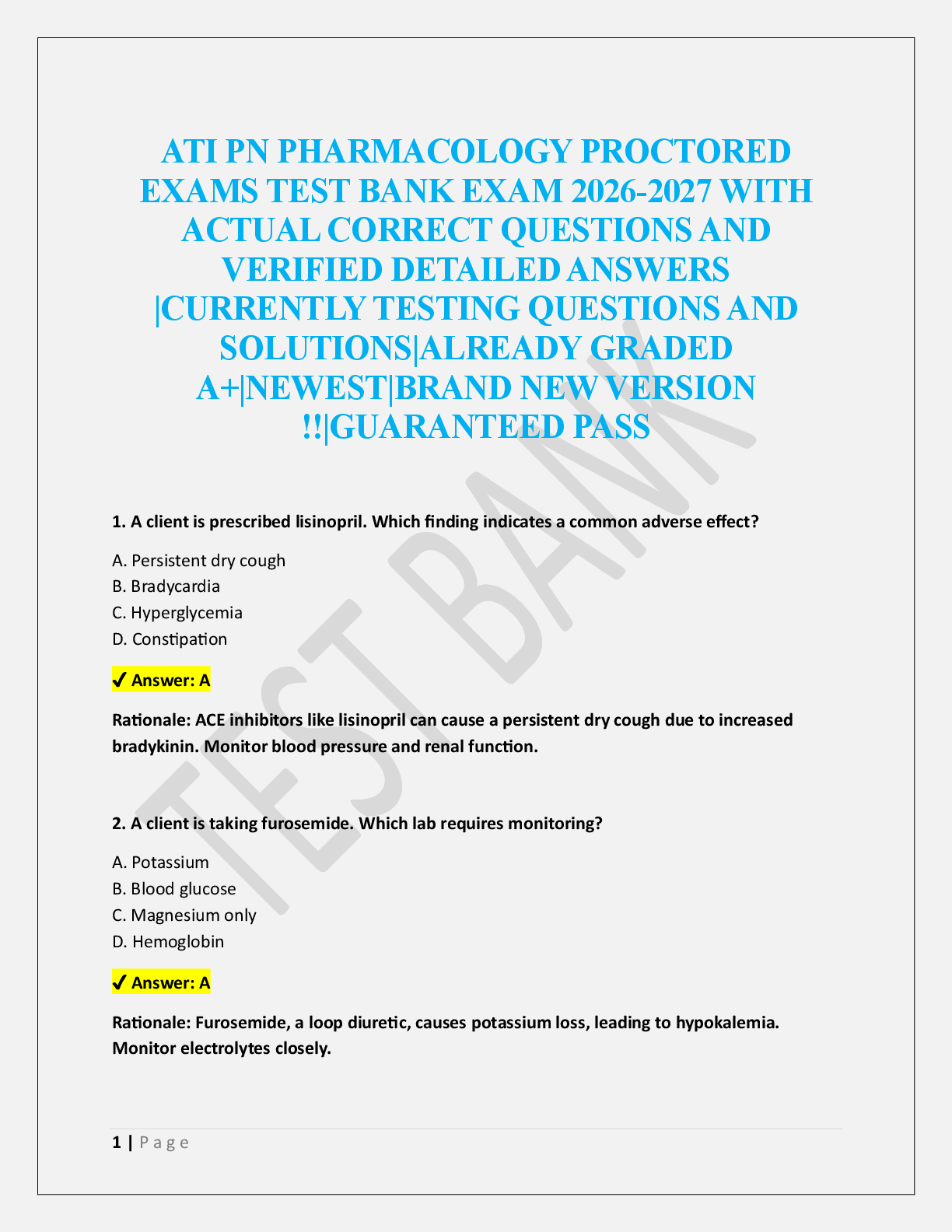 Preview image for ATI PN PHARMACOLOGY PROCTORED  EXAMS TEST BANK EXAM  