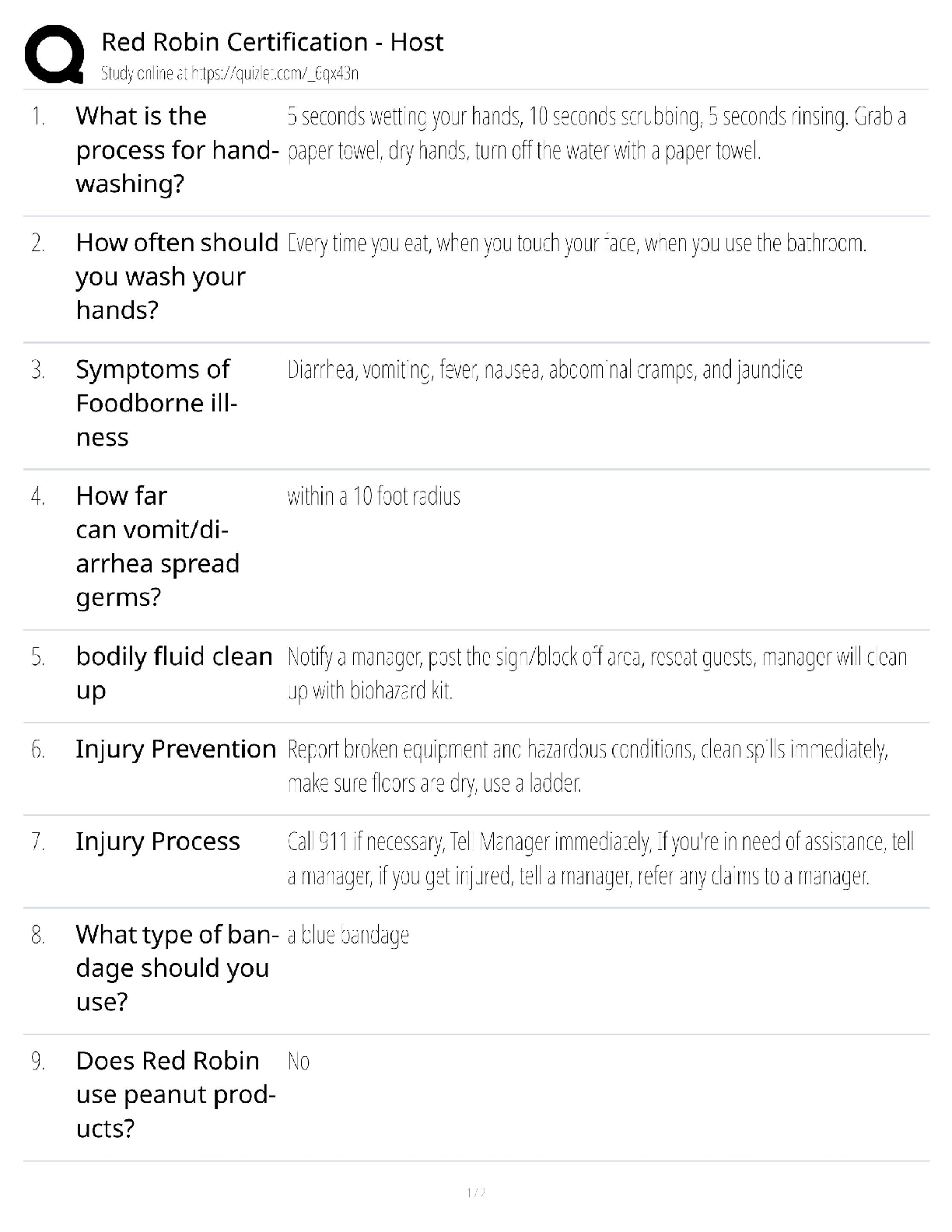 Red Robin Certification - Host / Restaurant Training Guide / 2025 Update / Score 100%