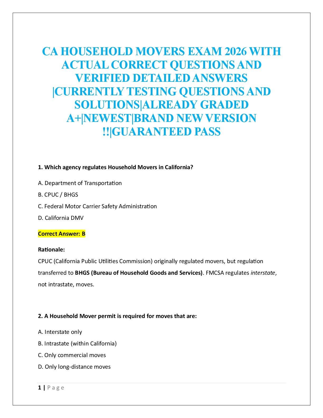 Preview image for CA HOUSEHOLD MOVERS EXAM 2026