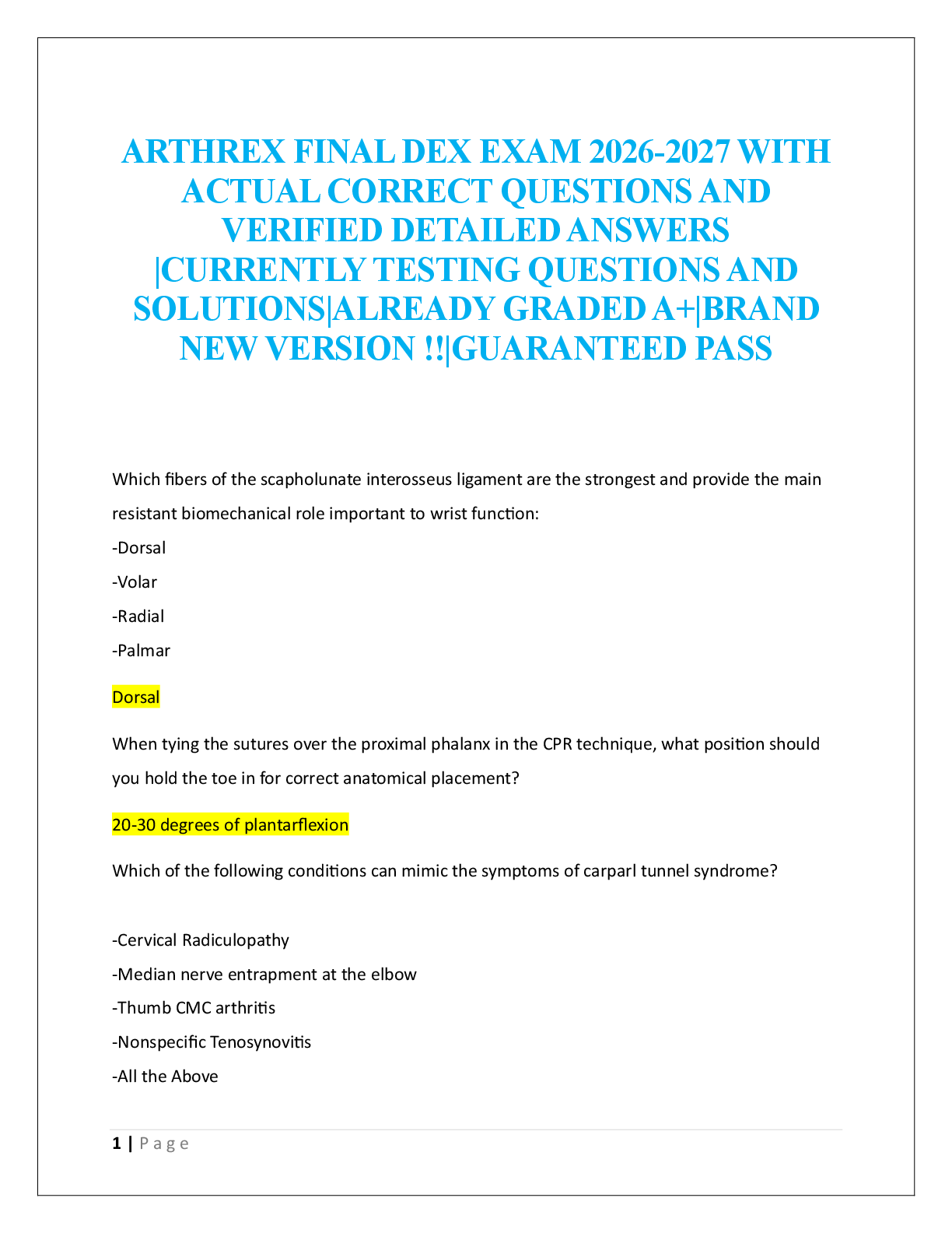 Preview image for ARTHREX FINAL DEX EXAM  