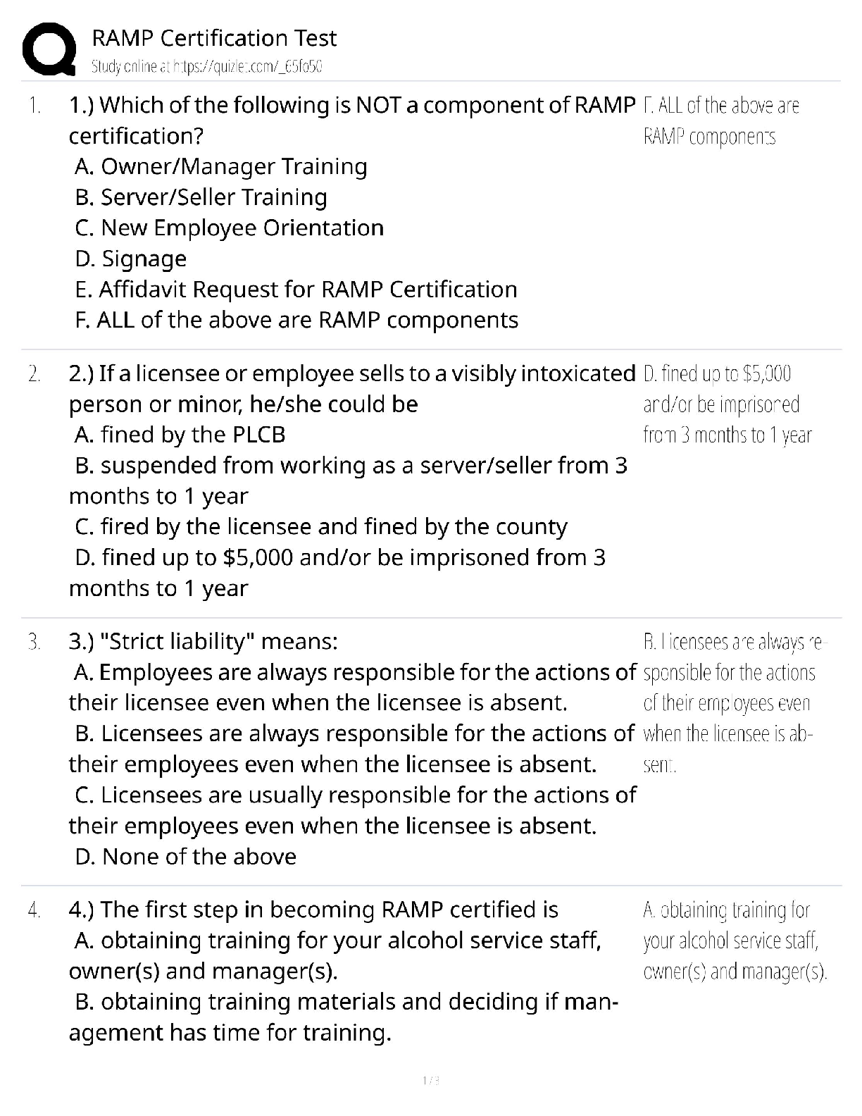 Preview of RAMP Certification Test / Responsible Alcohol Server Training / 2025 Exam Prep / Score 100