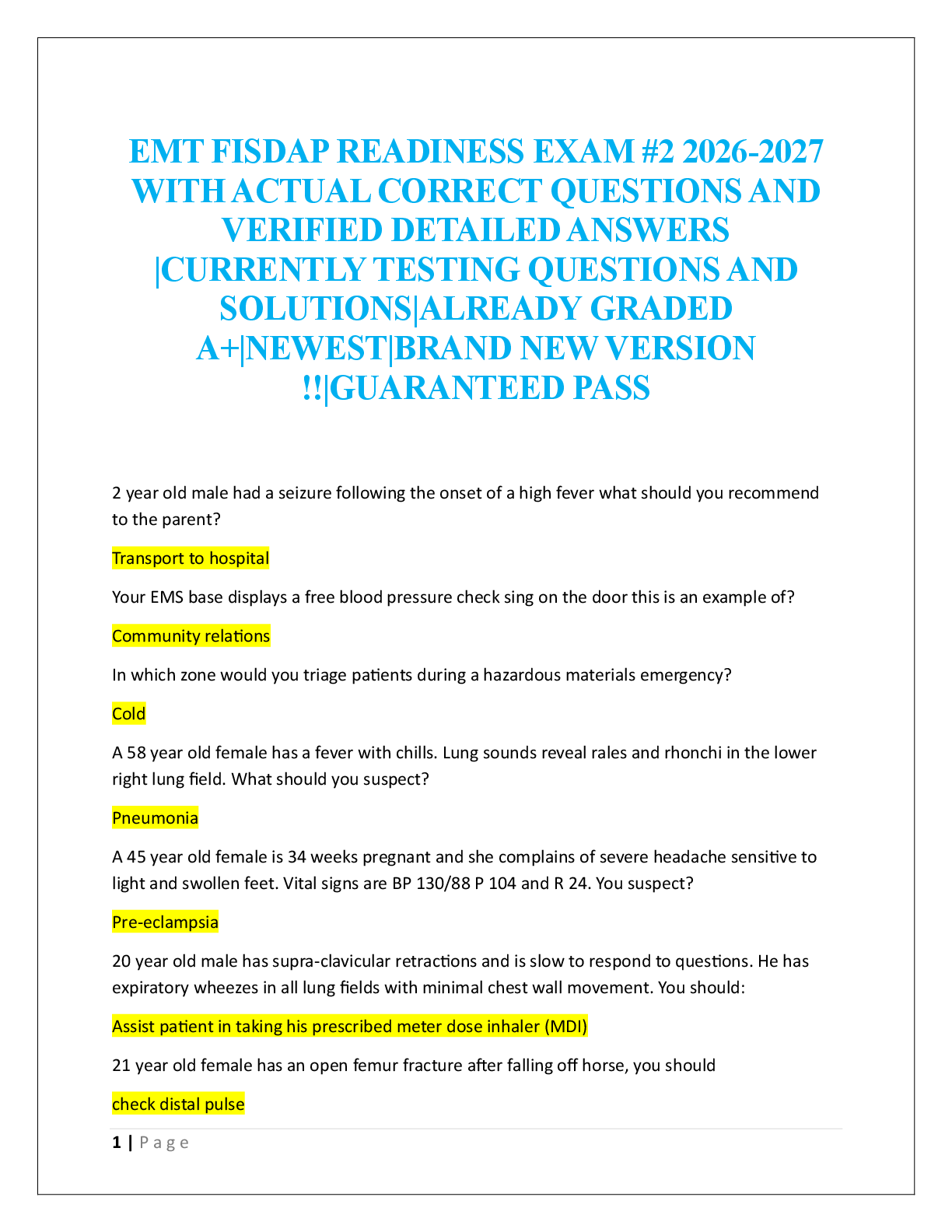 Preview image for EMT FISDAP READINESS EXAM #2