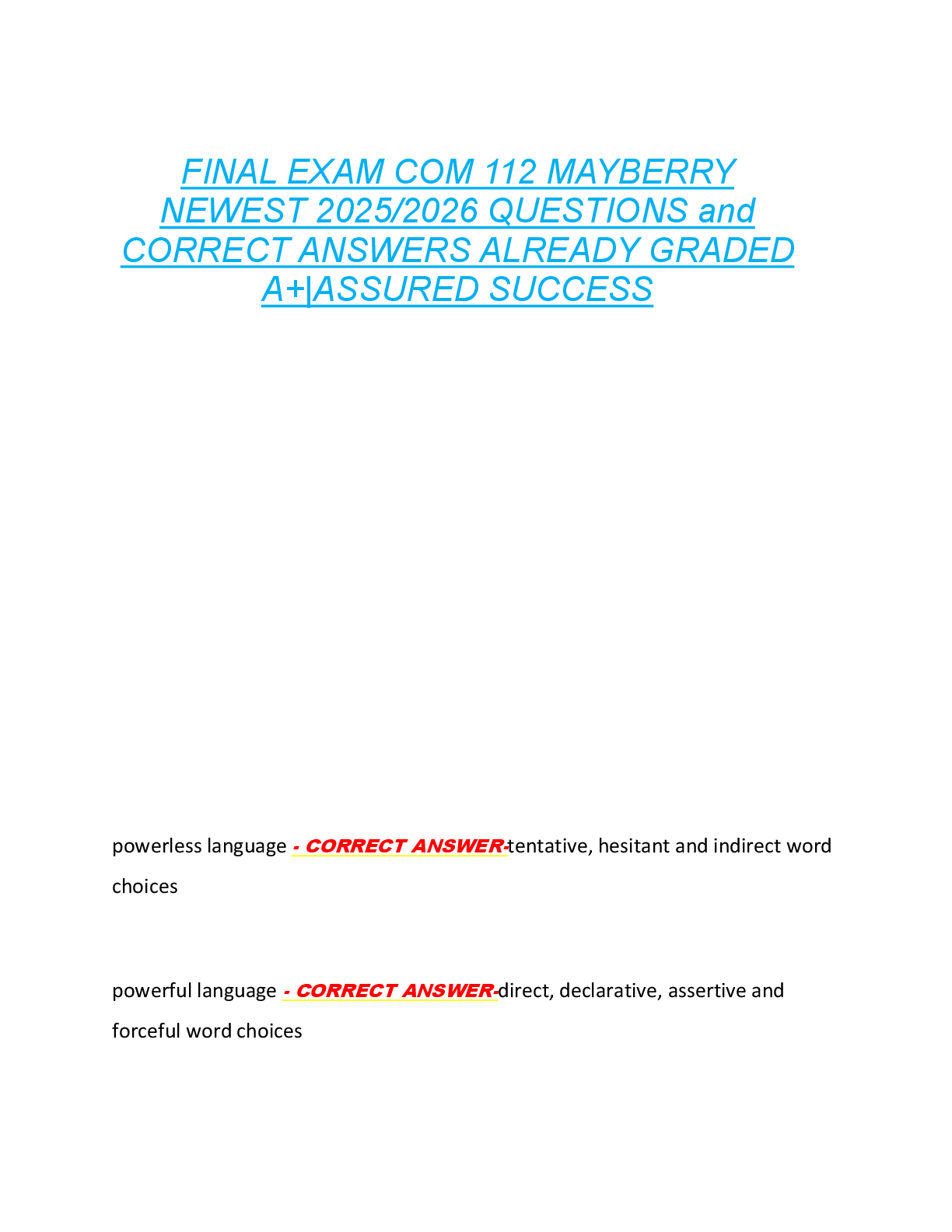 Preview image for FINAL EXAM COM 112 MAYBERRY  NEWEST 2025/2026 QUESTIONS and  CORRECT ANSWERS ALREADY GRADED  A+|ASSURED SUCCESS