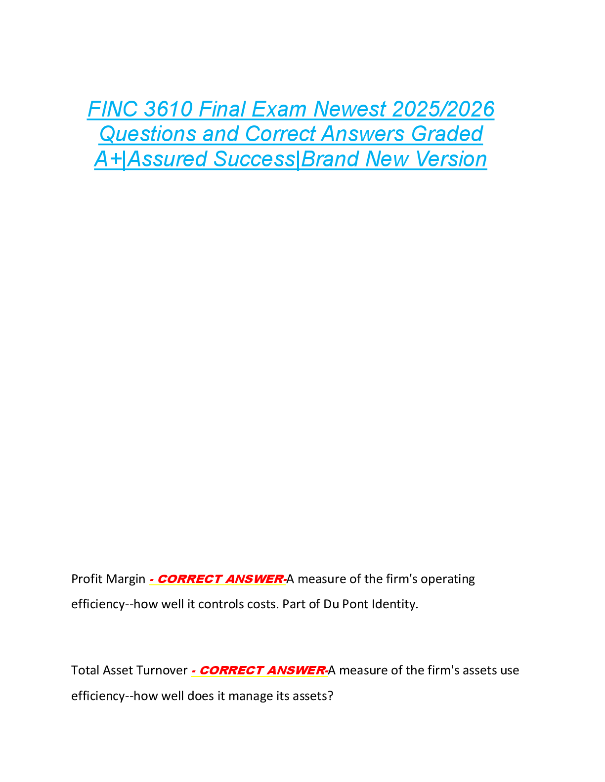 FINC 3610 Final Exam Newest 2025/2026  Questions and Correct Answers Graded  A+|Assured Success|Brand New Version