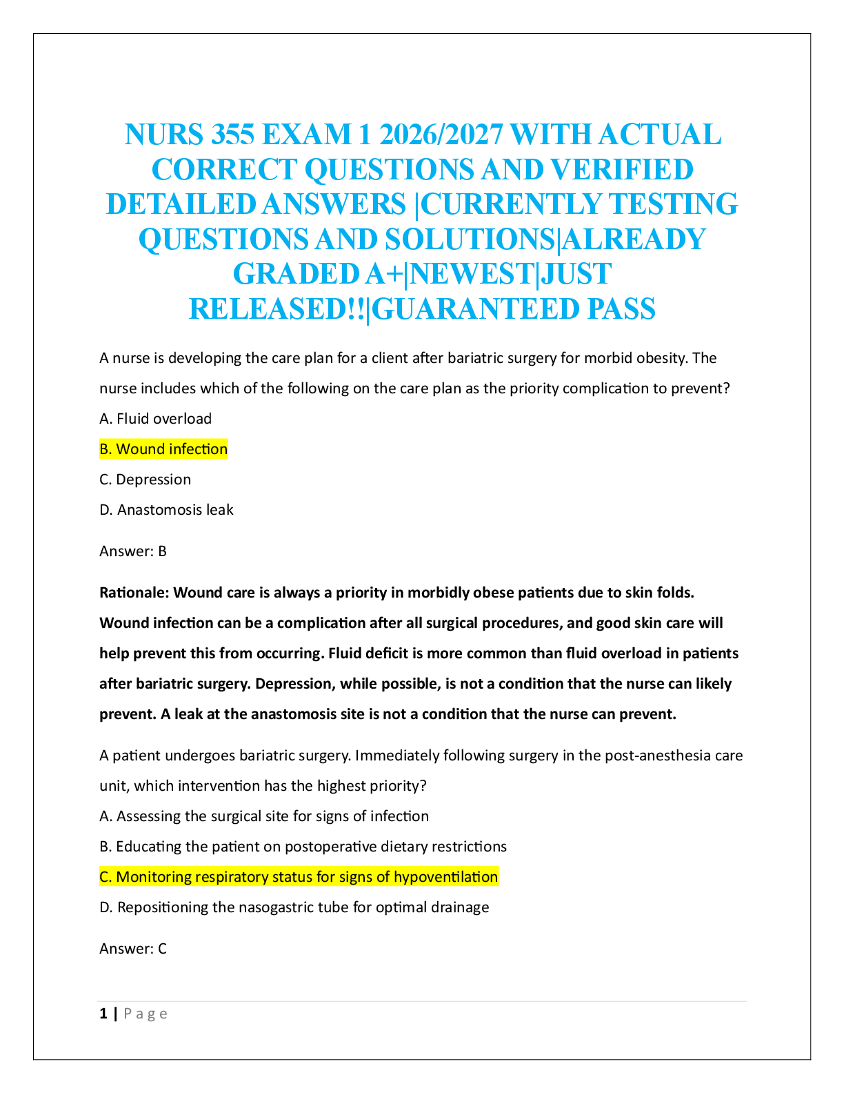 Preview image for NURS 355 EXAM 1  