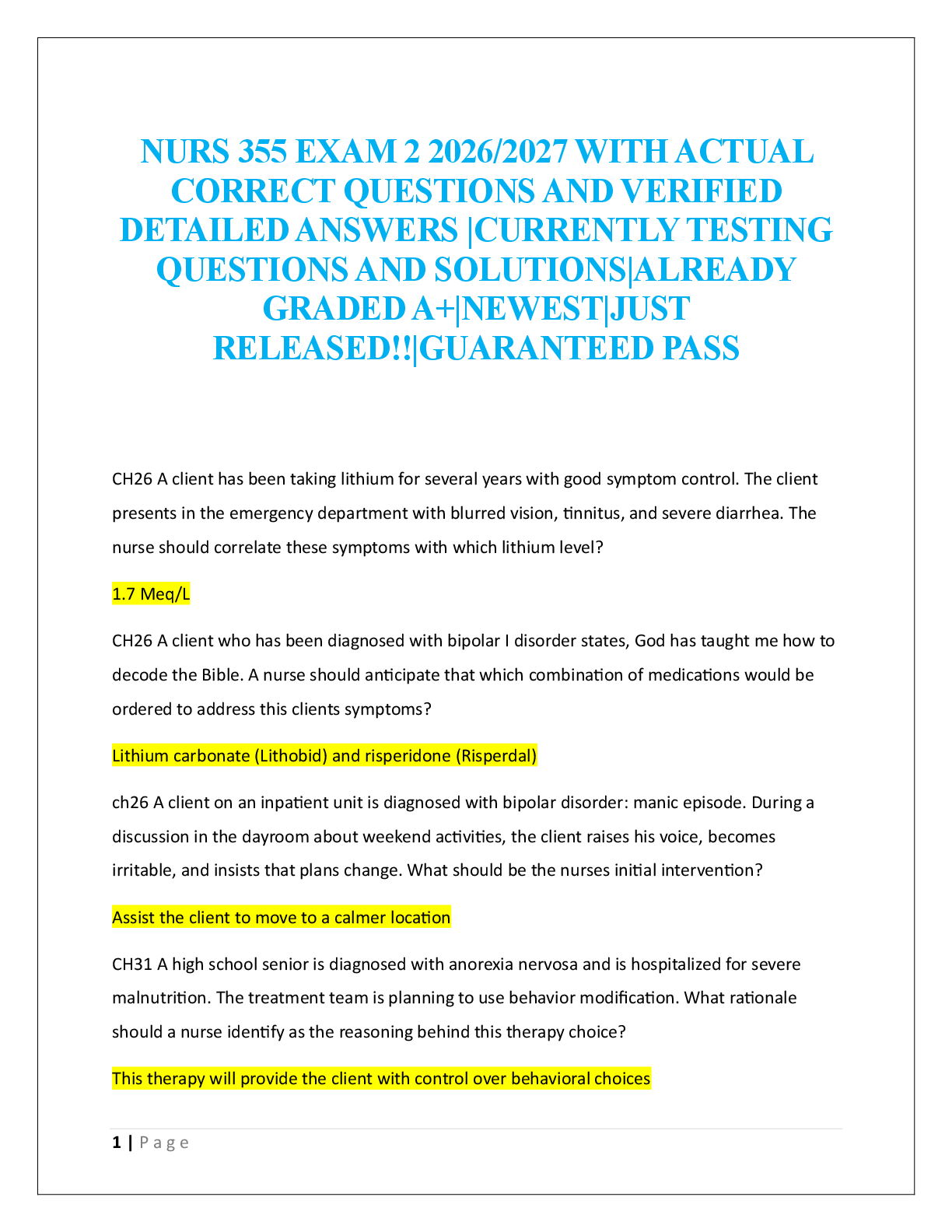 Preview image for NURS 355 EXAM 2  