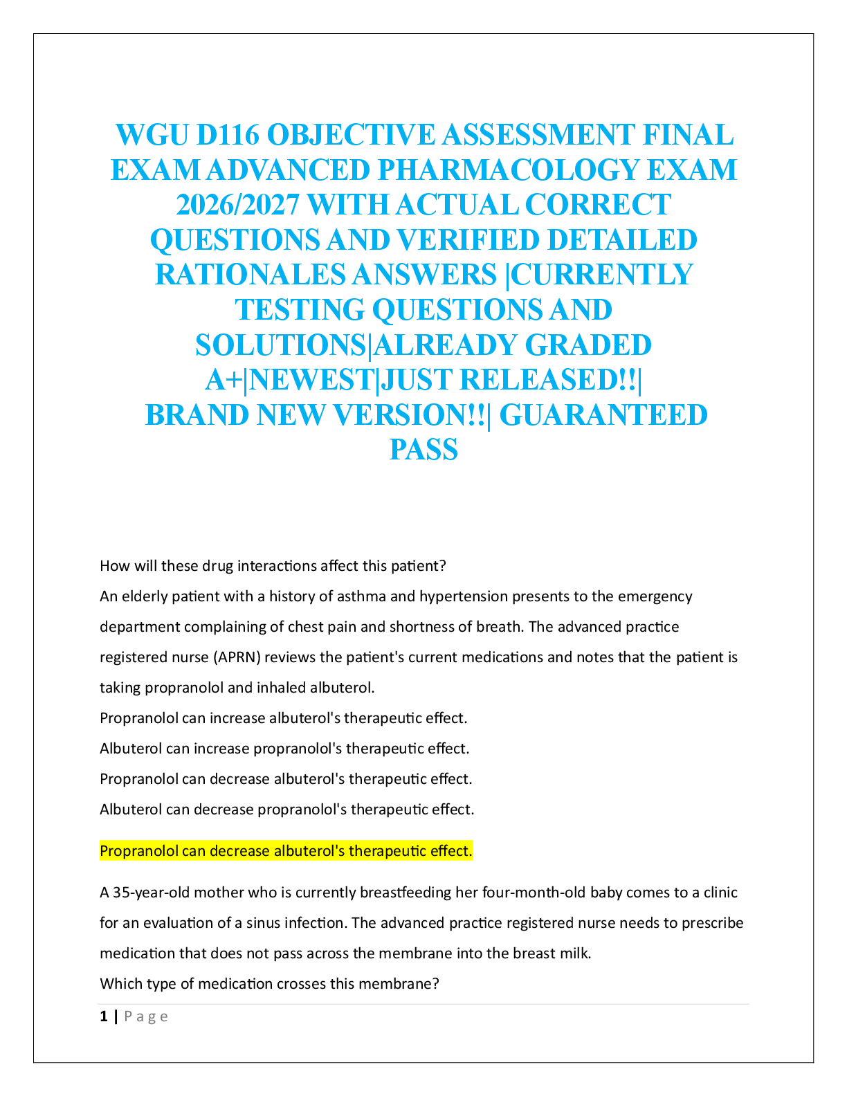 Preview image for WGU D116 OBJECTIVE ASSESSMENT FINAL  EXAM ADVANCED PHARMACOLOGY EXAM  2026/2027