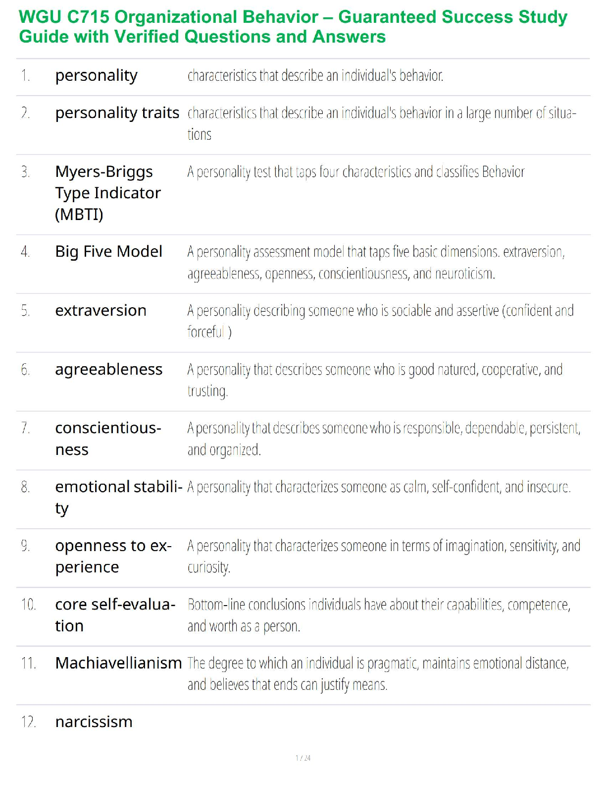Preview image for WGU C715 Organizational Behavior – Guaranteed Success Study Guide with Verified Questions and Answers