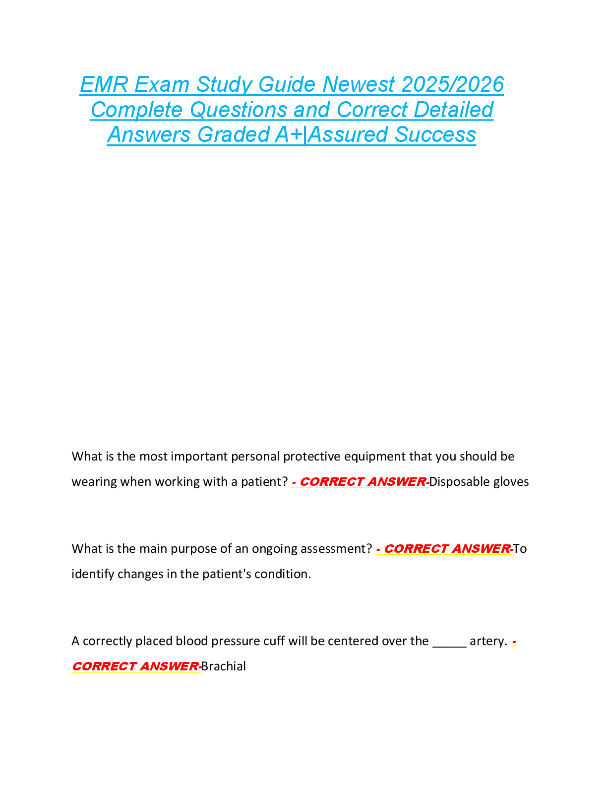 EMR Exam Study Guide Newest 2025/2026  Complete Questions and Correct Detailed  Answers Graded A+|Assured Success