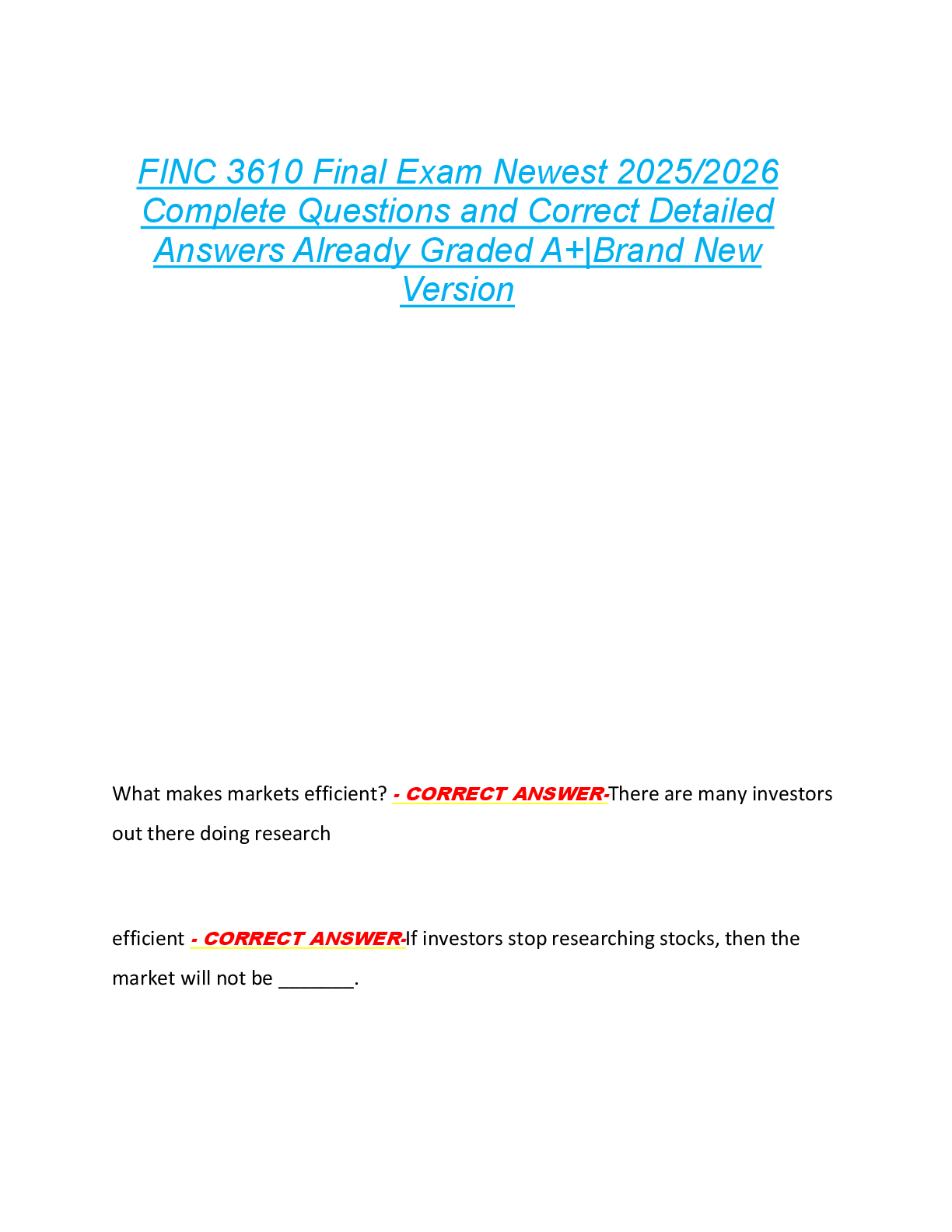 FINC 3610 Final Exam Newest 2025/2026  Complete Questions and Correct Detailed  Answers Already Graded A+|Brand New  Version