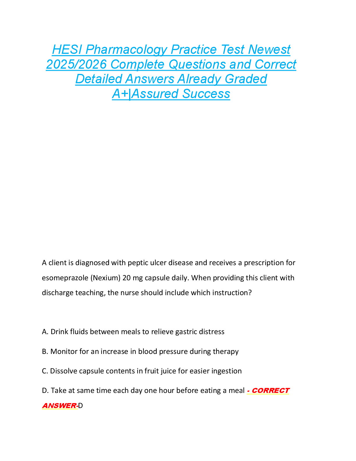 Preview of HESI Pharmacology Practice Test Newest  2025/2026 Complete Questions and Correct  Detailed