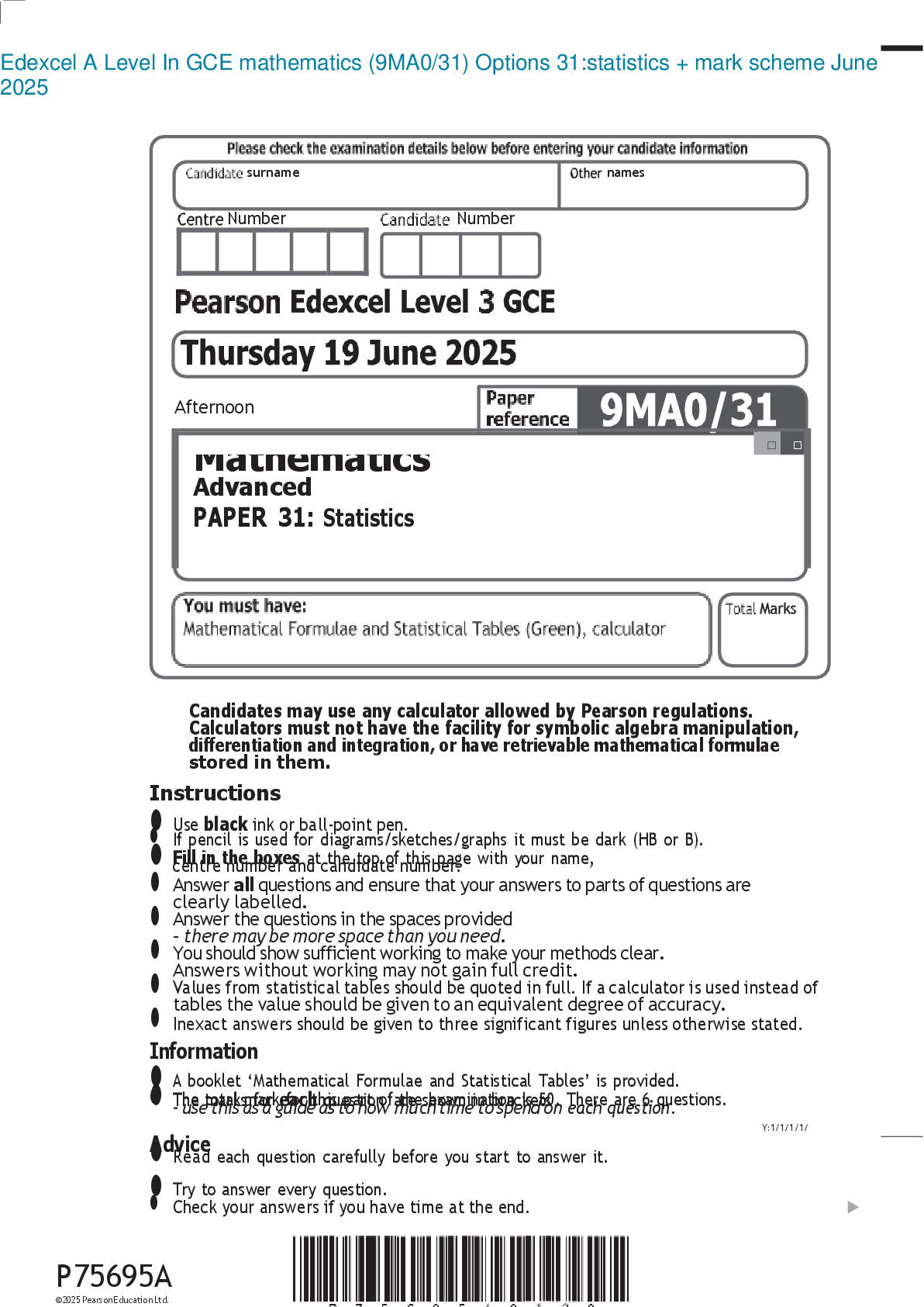 Preview image for Edexcel A Level In GCE mathematics (9MA0/31) Options 31:statistics + mark scheme June 2025