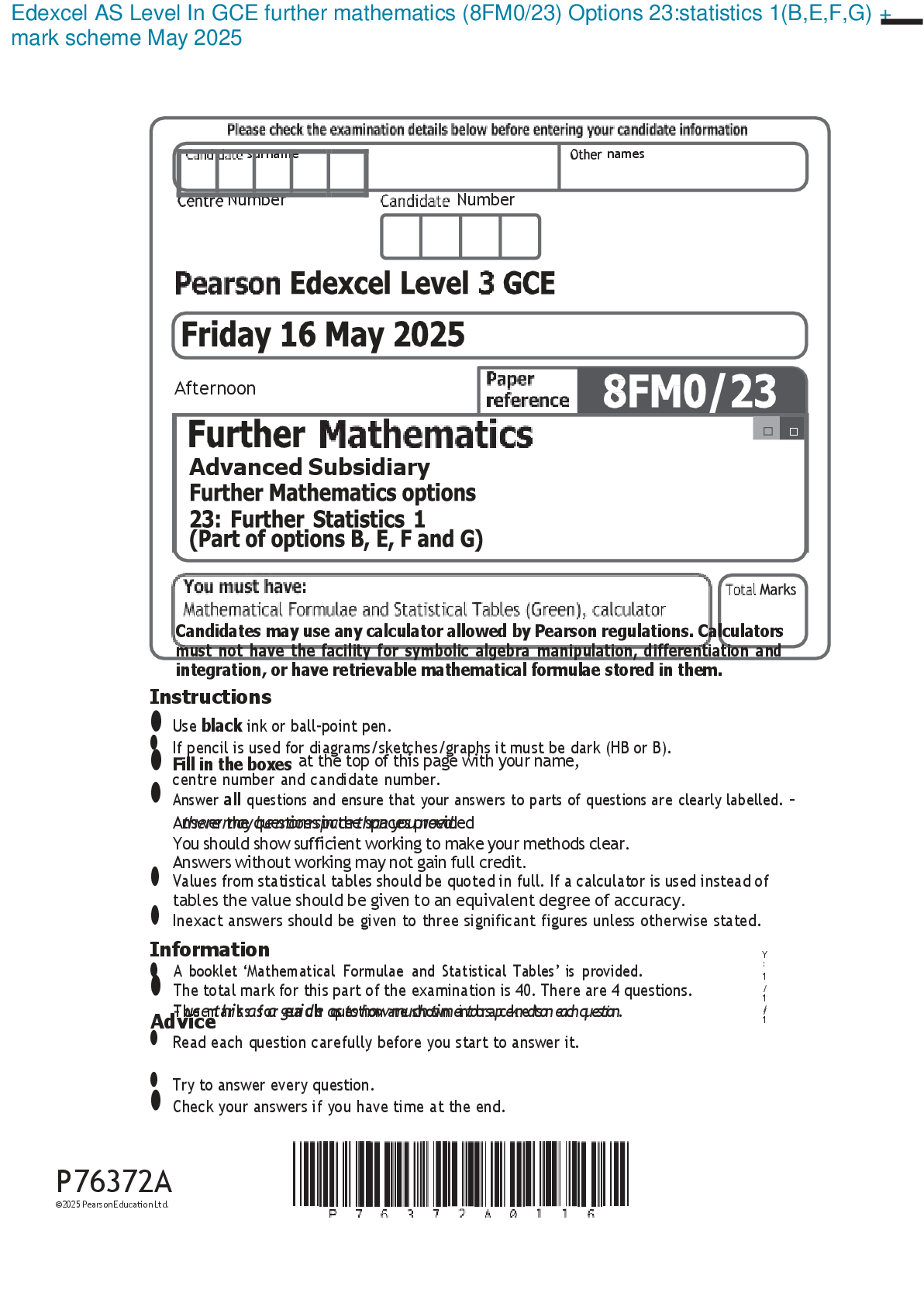 Preview image for Edexcel AS Level In GCE further mathematics (8FM0/23) Options 23:statistics 1(B,E,F,G) + mark scheme May 2025