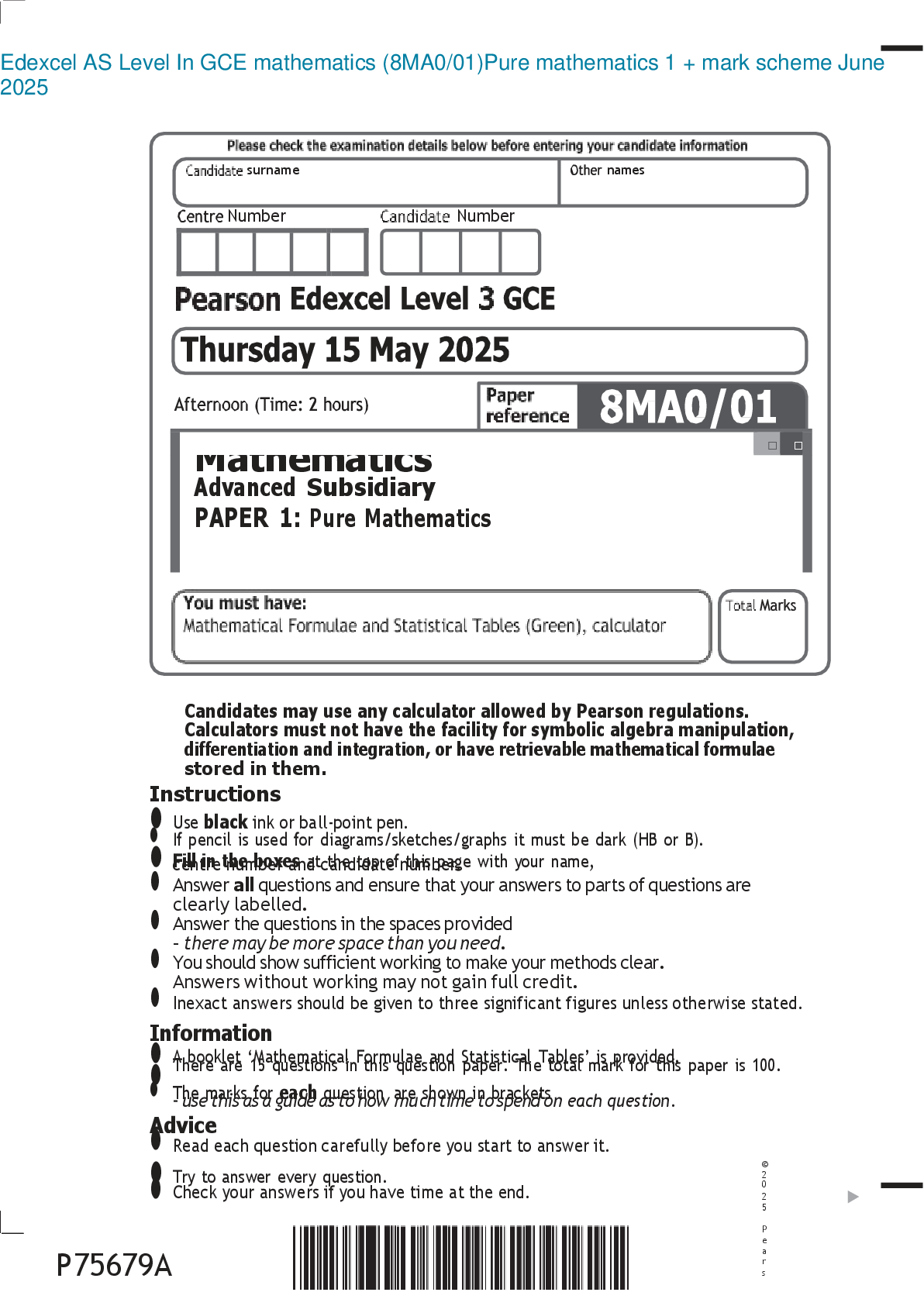 Preview image for Edexcel AS Level In GCE mathematics (8MA0/01)Pure mathematics 1 + mark scheme June 2025