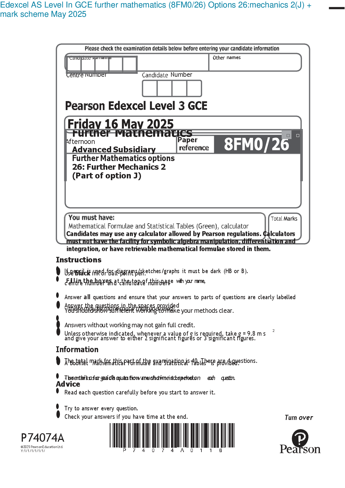 Preview image for Edexcel AS Level In GCE further mathematics (8FM0/26) Options 26:mechanics 2(J) + mark scheme May 2025