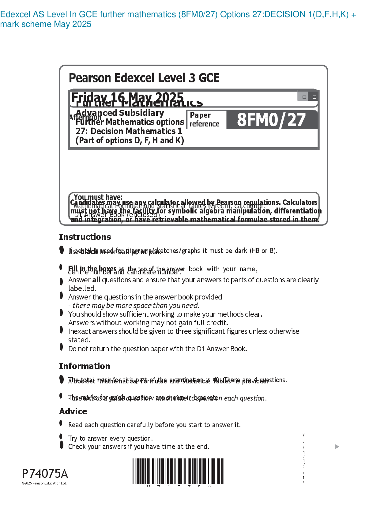 Preview image for Edexcel AS Level In GCE further mathematics (8FM0/27) Options 27:DECISION 1(D,F,H,K) + mark scheme May 2025