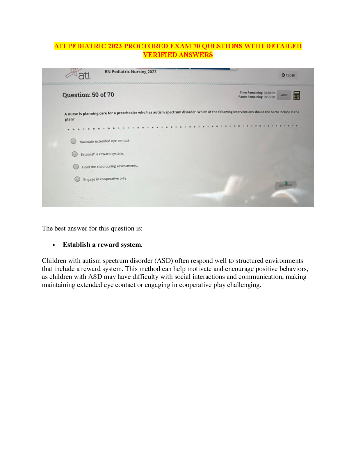 Preview image for ATI Pediatric Nursing Proctored Exam 2023 | 70 Actual Exam Questions with Detailed Verified Answers