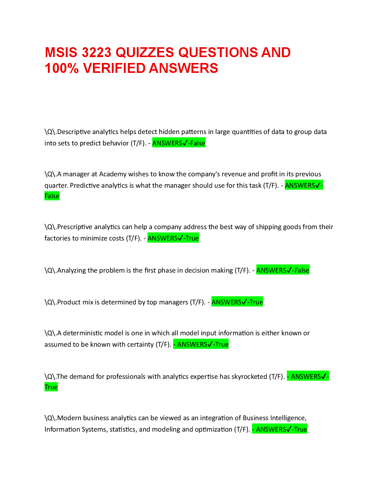 Preview image for MSIS 3223 QUIZZES QUESTIONS AND 100% VERIFIED ANSWERS