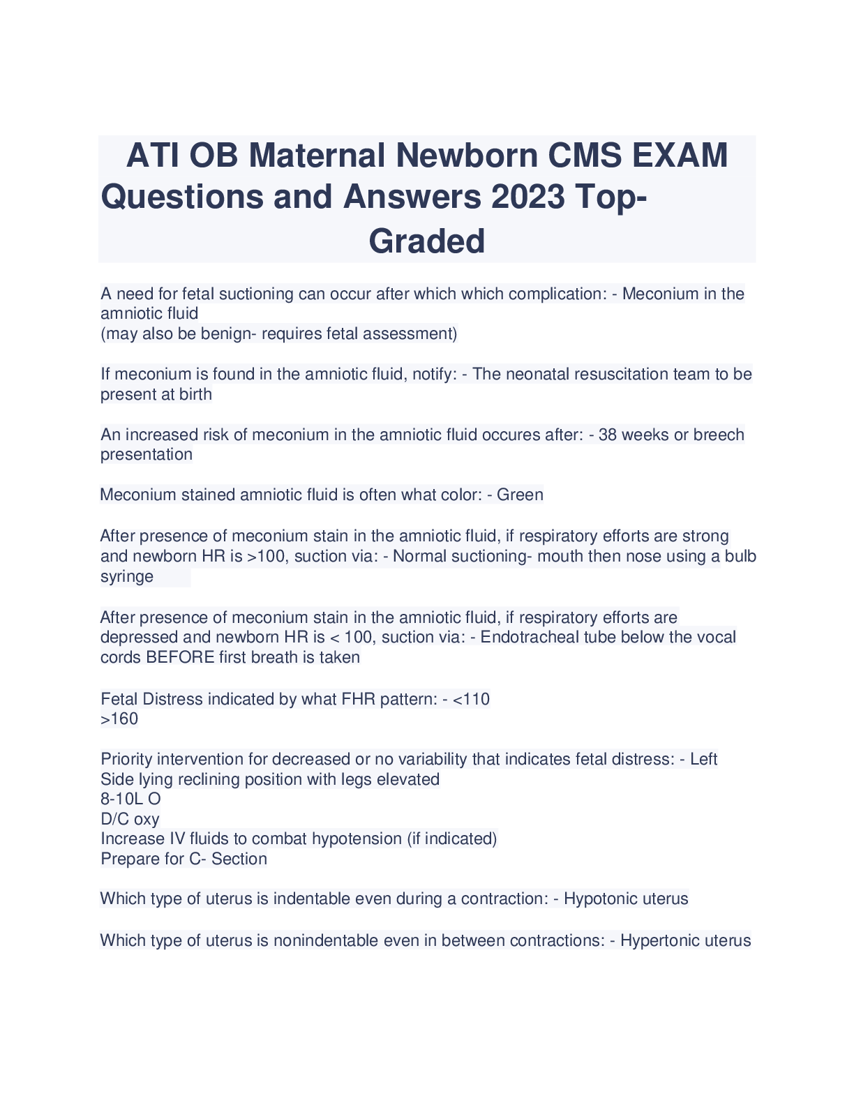 Preview image for ATI OB Maternal Newborn CMS Exam | Questions with Detailed Answers