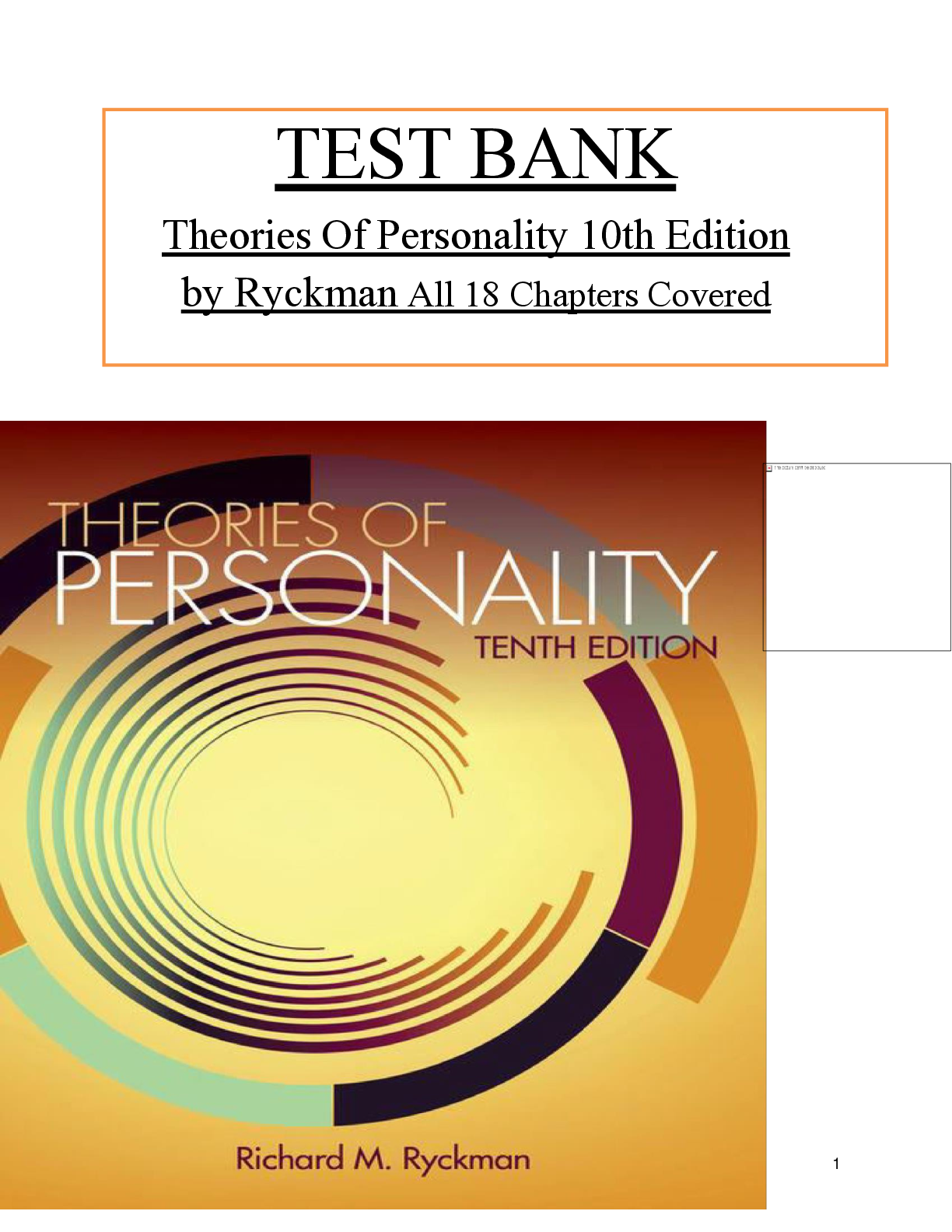 Preview image for TEST BANK  Theories Of Personality 10th Edition   by Ryckman All 18 Chapters Covered