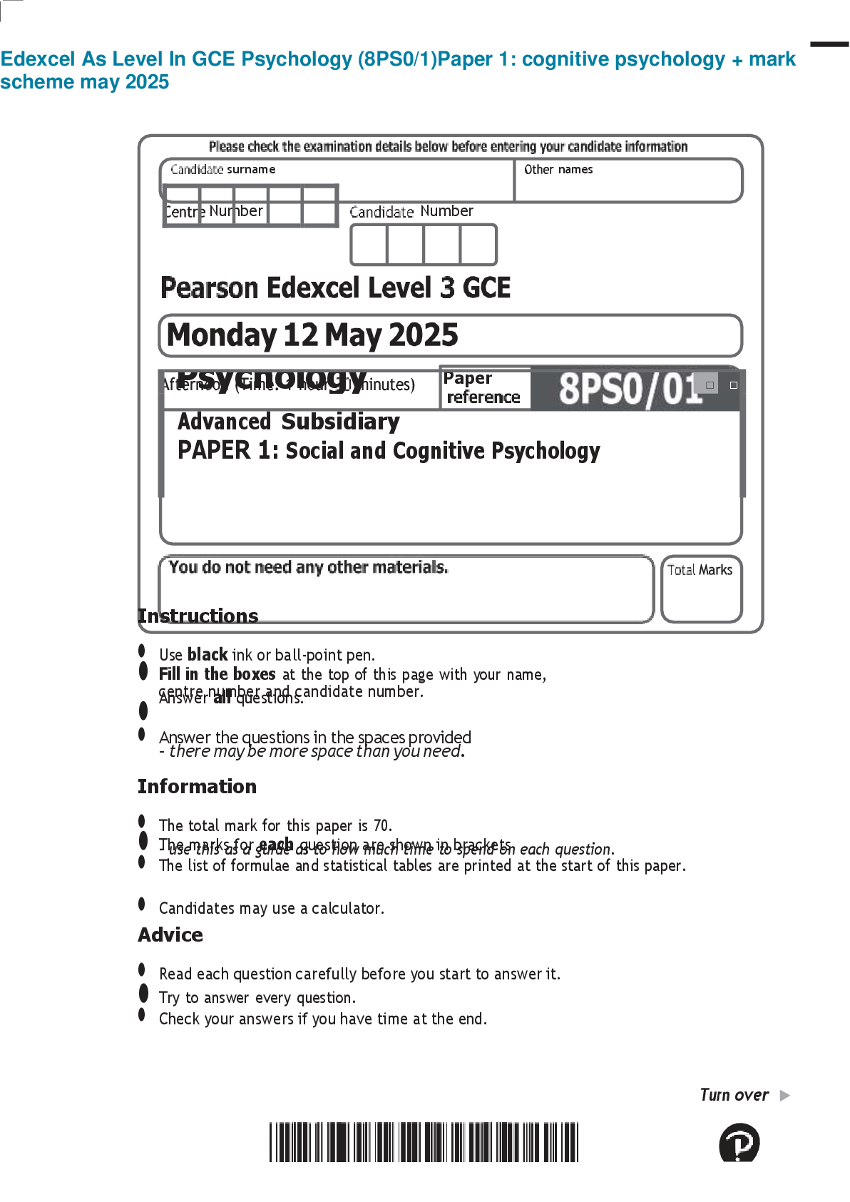 Preview image for Edexcel As Level In GCE Psychology (8PS0/1)Paper 1: cognitive psychology + mark scheme may 2025