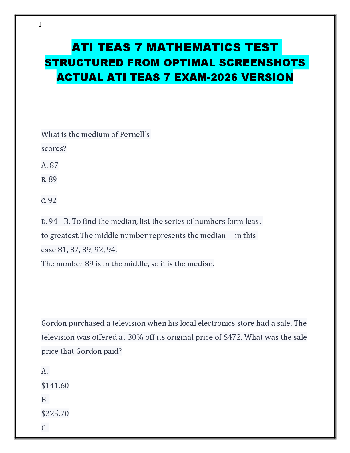 Preview image for ATI TEAS 7 MATHEMATICS TEST  STRUCTURED FROM OPTIMAL SCREENSHOTS  ACTUAL ATI TEAS 7 EXAM-2026 VERSION