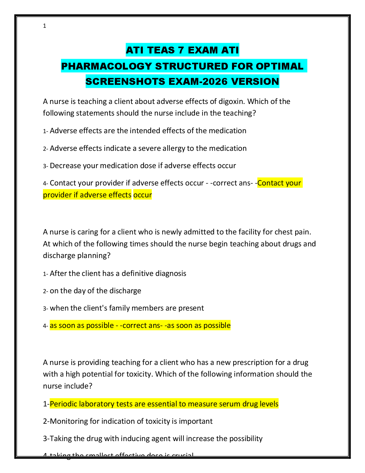 Preview image for ATI TEAS 7 EXAM ATI  PHARMACOLOGY STRUCTURED FOR OPTIMAL  SCREENSHOTS EXAM-2026 VERSION