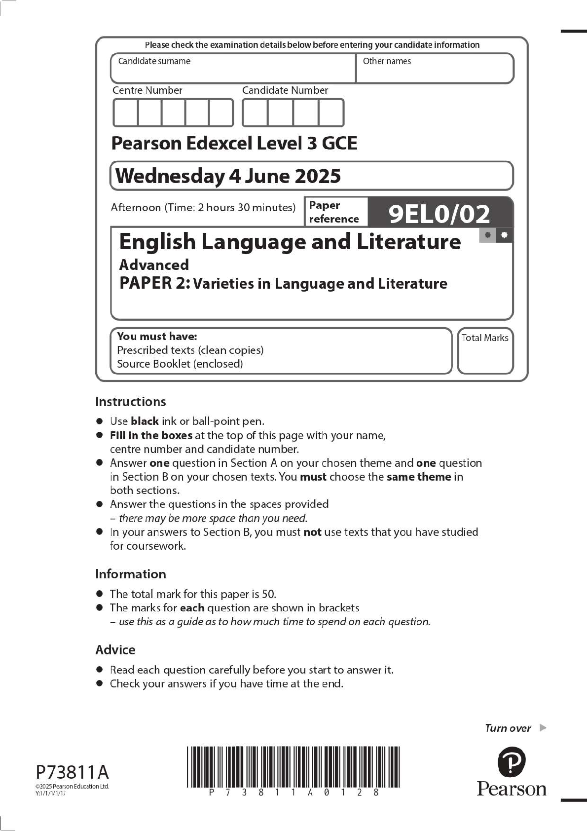 Preview image for 2025 Pearson Edexcel Level 3 GCE 9EL0/02 English Language and Literature Advanced PAPER 2: Varieties in Language and Literature Question Paper + Mark Scheme