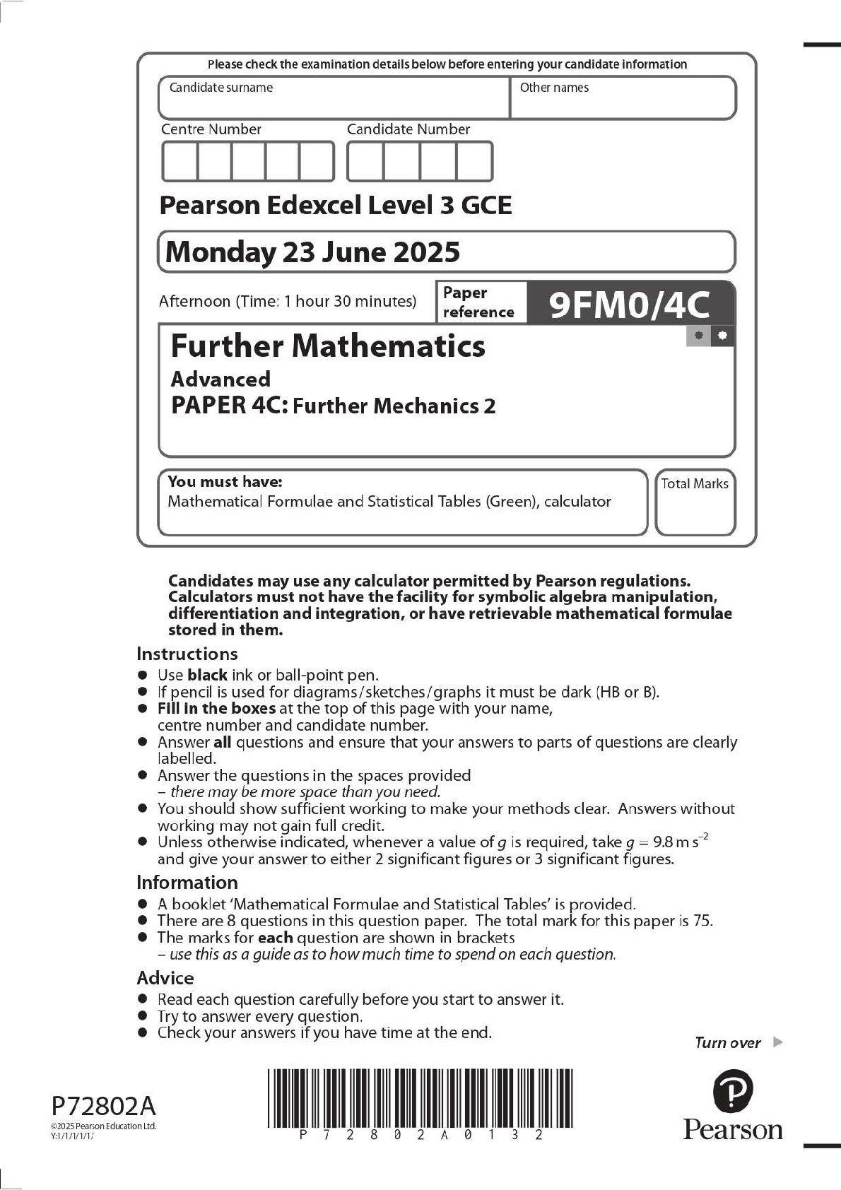 Preview image for 2025 Pearson Edexcel Level 3 GCE 9FM0/4C Further Mathematics Advanced PAPER 4C: Further Mechanics 2 Question Paper + Mark Scheme