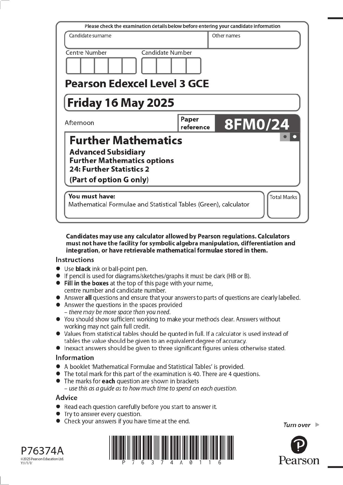Preview image for 2025 Pearson Edexcel Level 3 GCE 8FM0/24 Further Mathematics Advanced Subsidiary Further Mathematics options 24: Further Statistics 2 (Part of option G only)