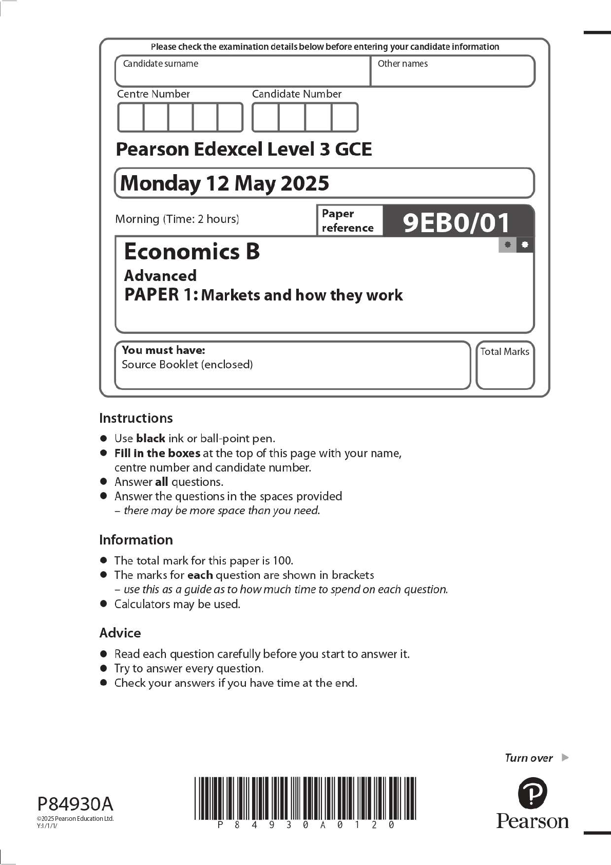 Preview image for . 2025 Pearson Edexcel Level 3 GCE 9EB0/01 Economics B Advanced PAPER 1: Markets and how they work Question Paper + Mark Scheme